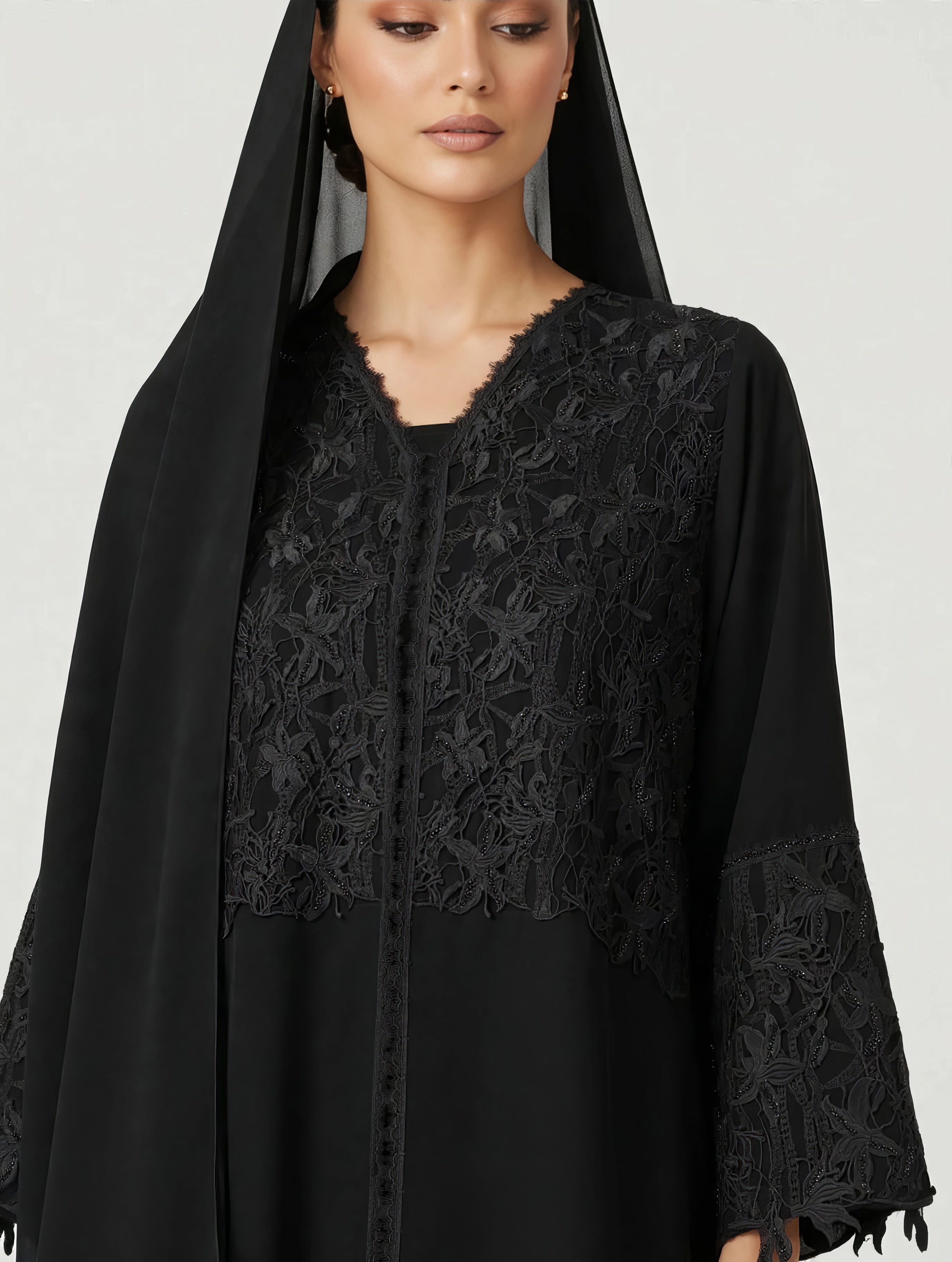 C 2784 Black Beaded Lace Abaya