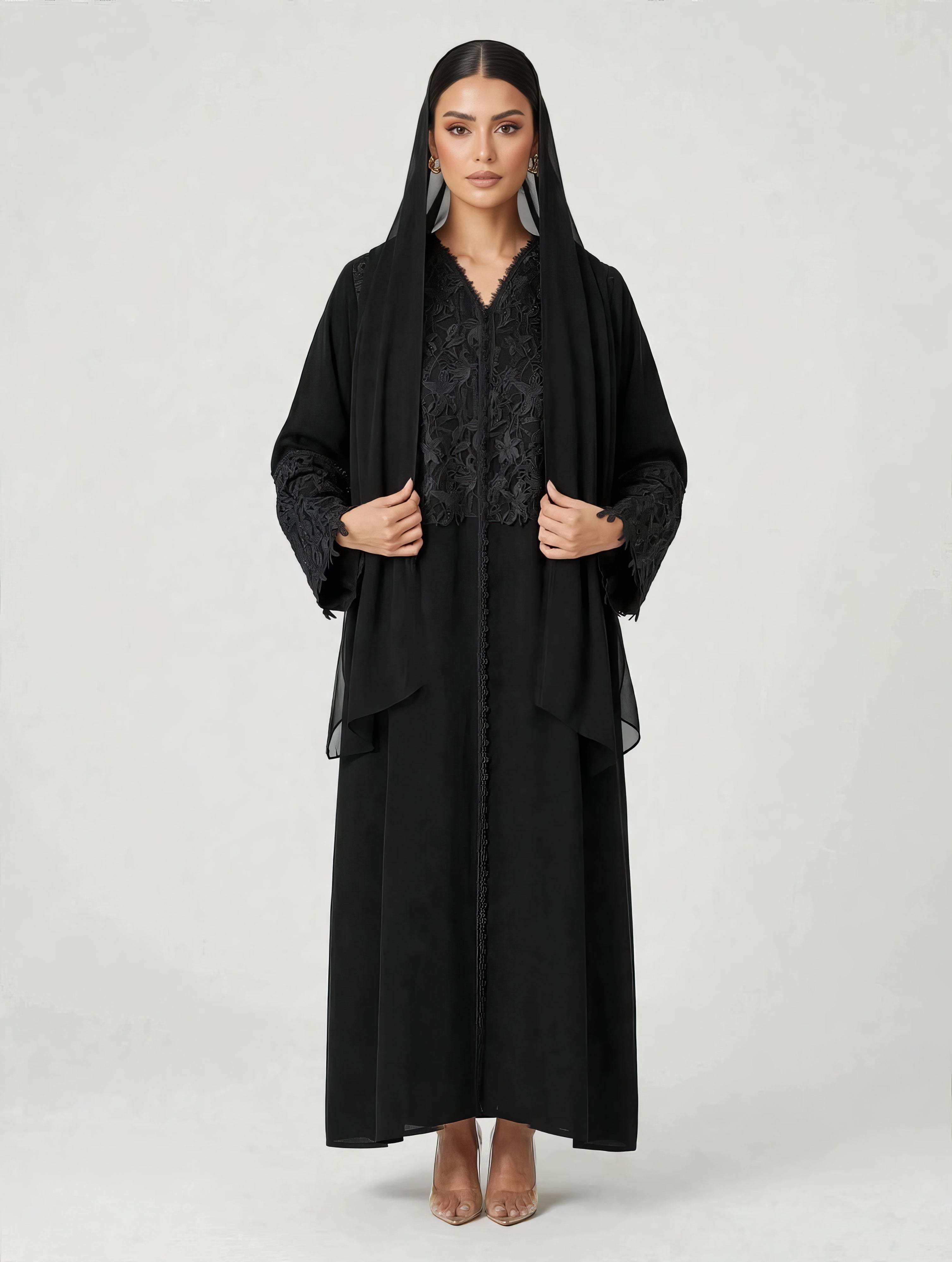 C 2784 Black Beaded Lace Abaya