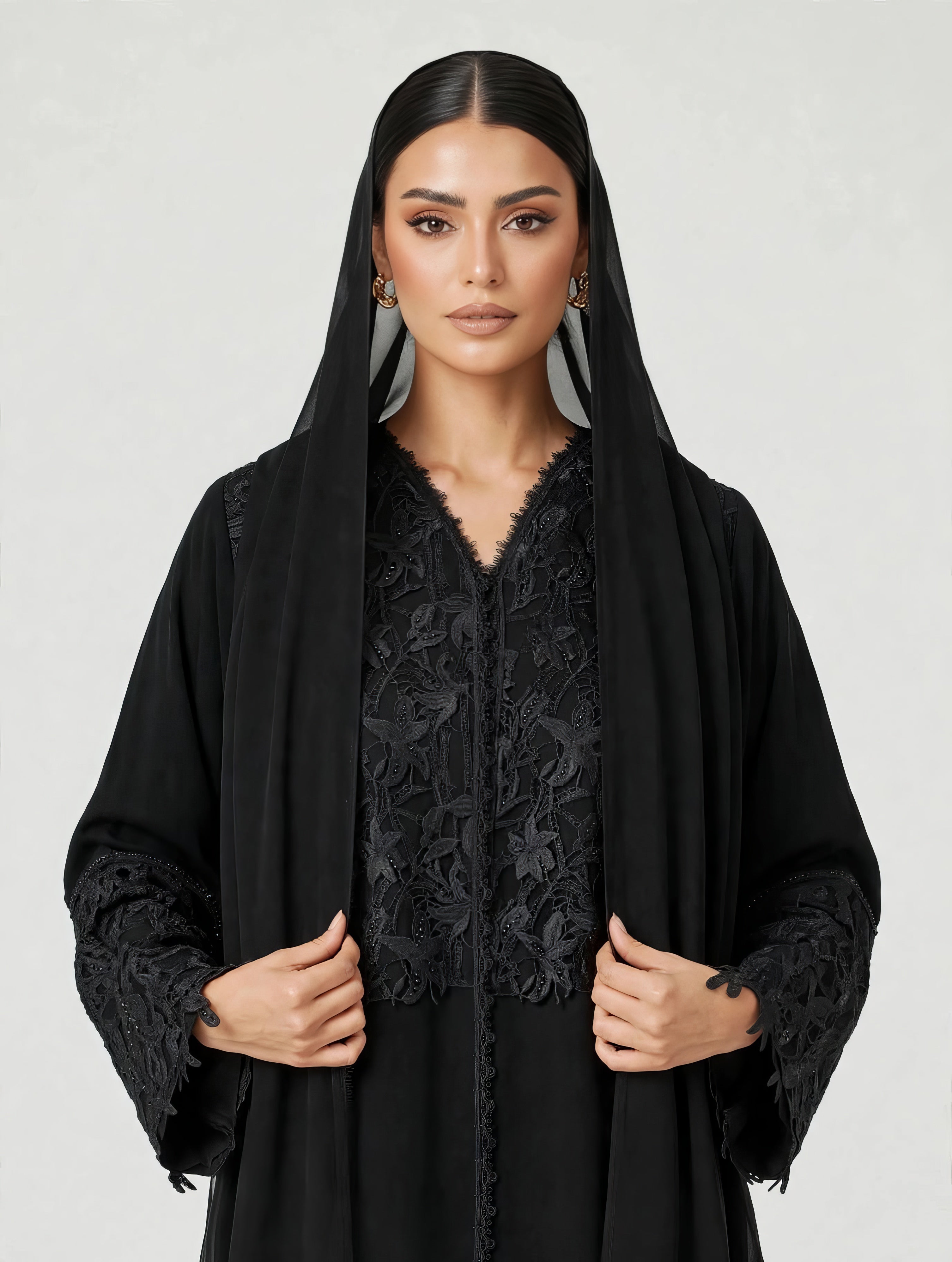 C 2784 Black Beaded Lace Abaya