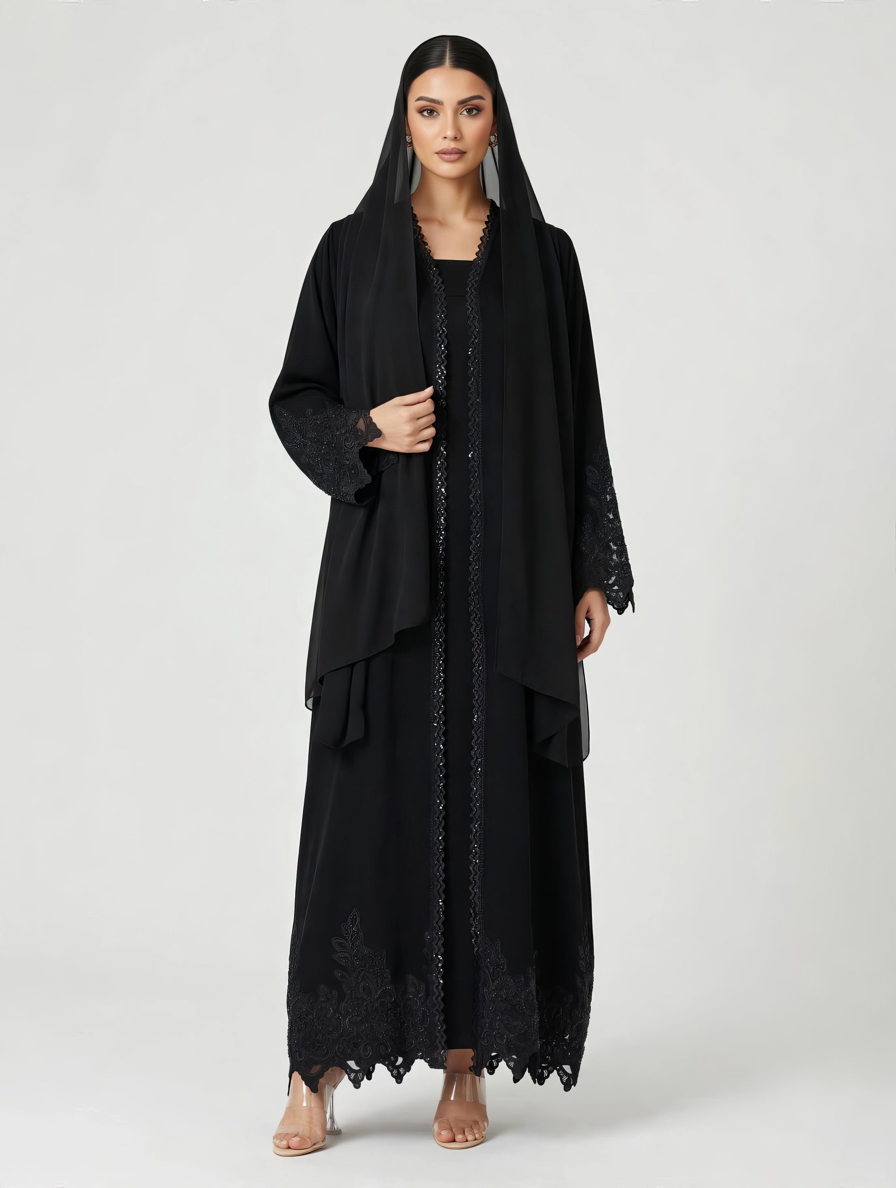 C 2785 Black Sequins Lace Abaya