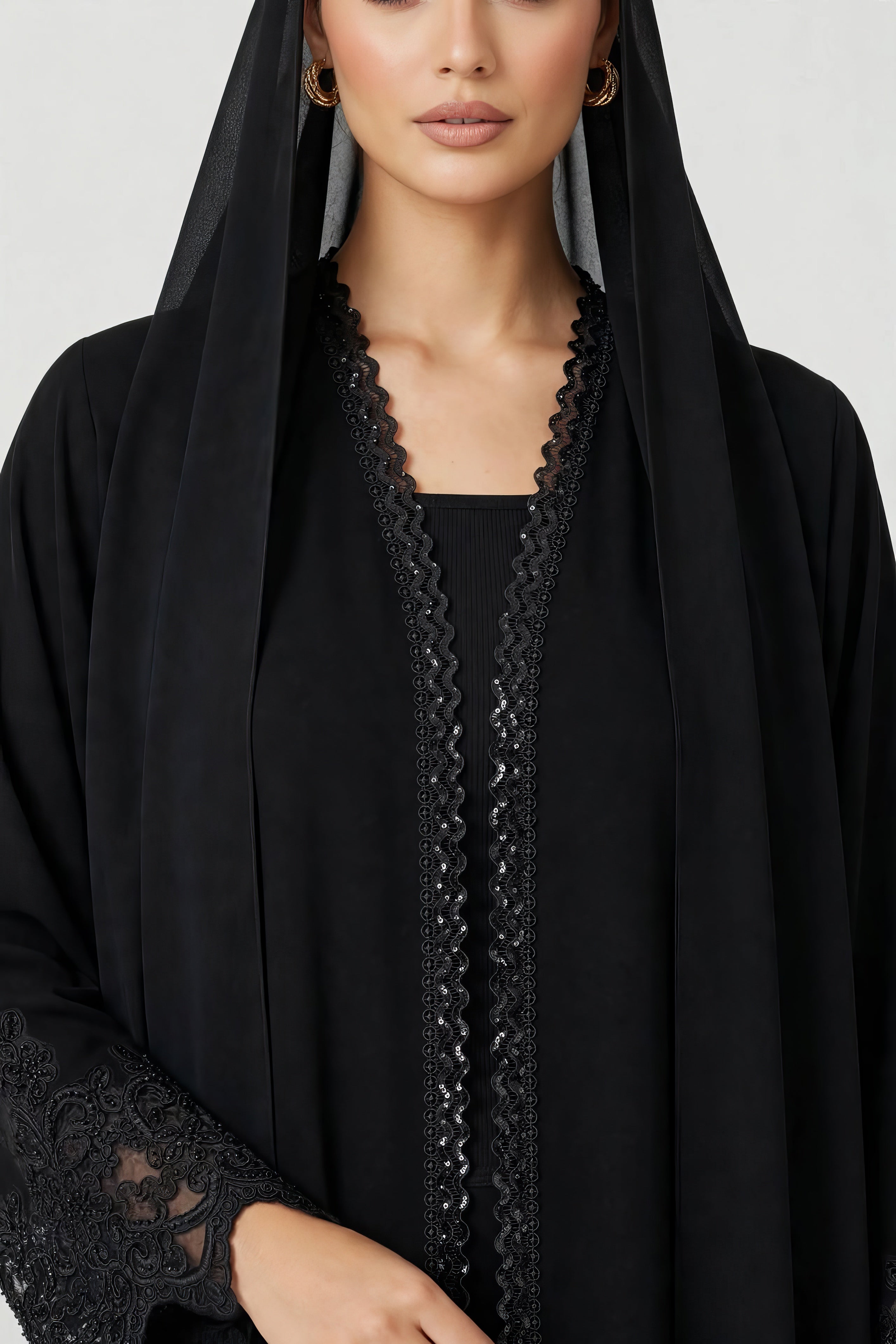 C 2785 Black Sequins Lace Abaya