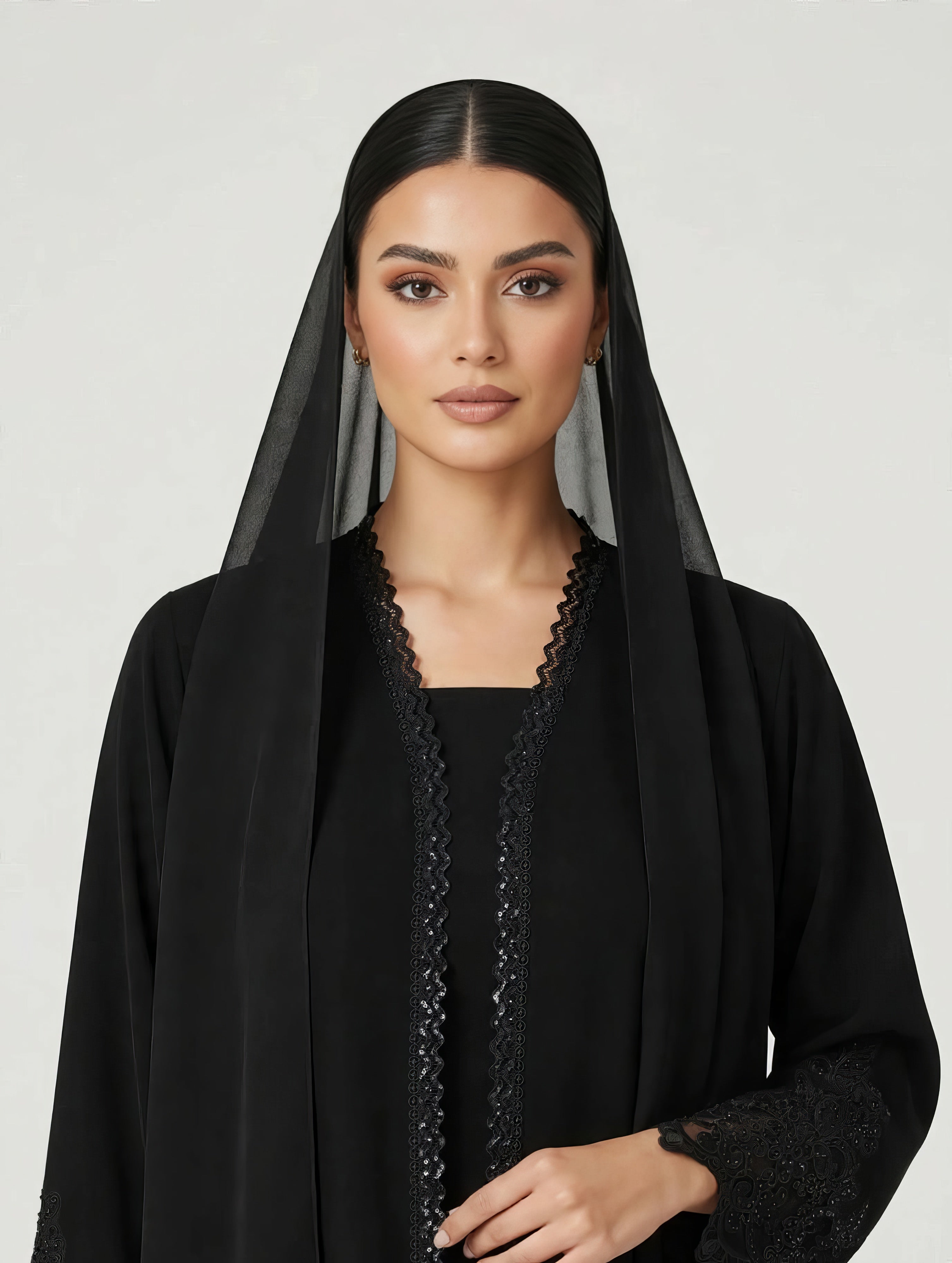 C 2785 Black Sequins Lace Abaya