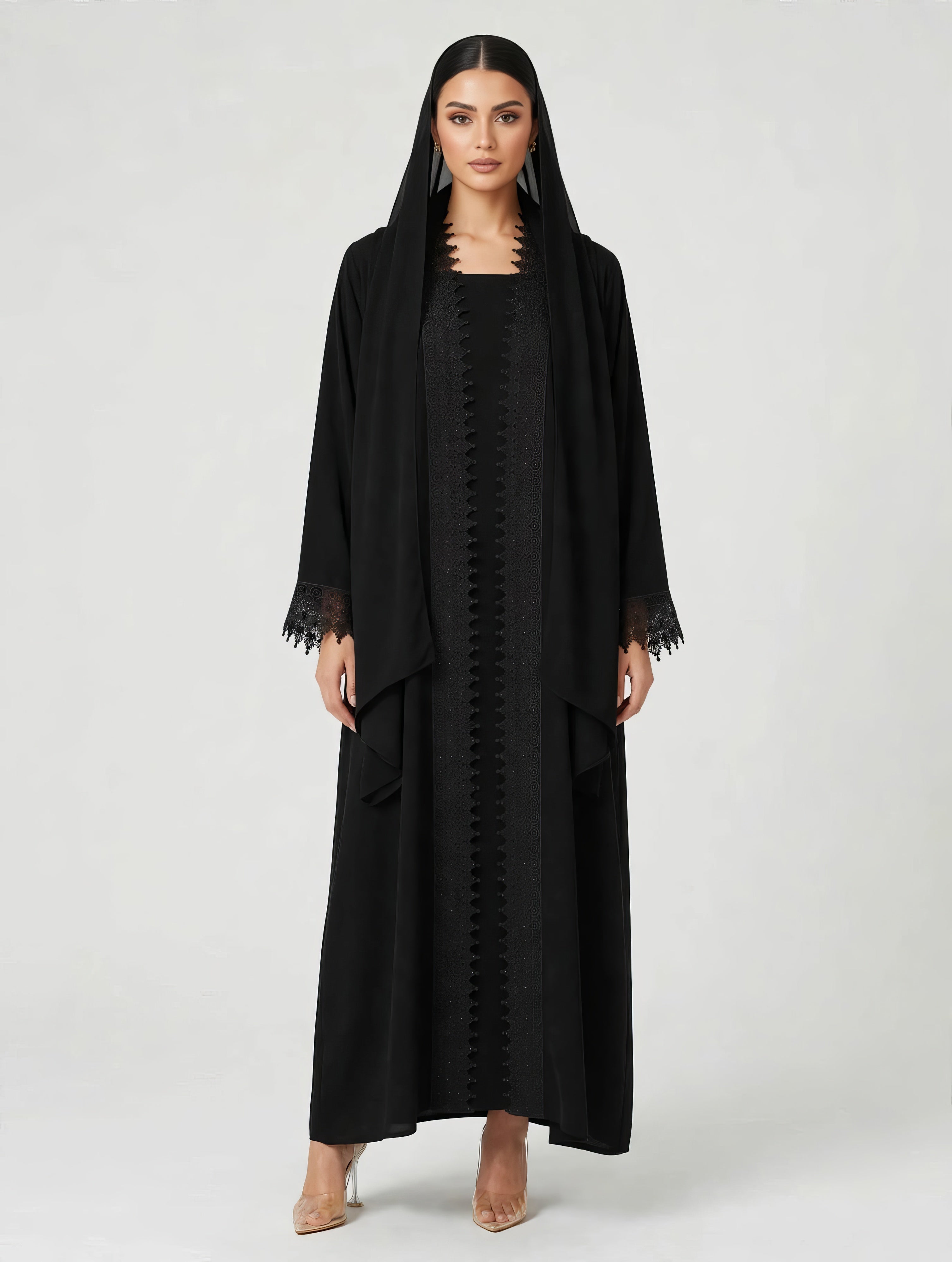 C 2788 Black Crystal Lace Abaya