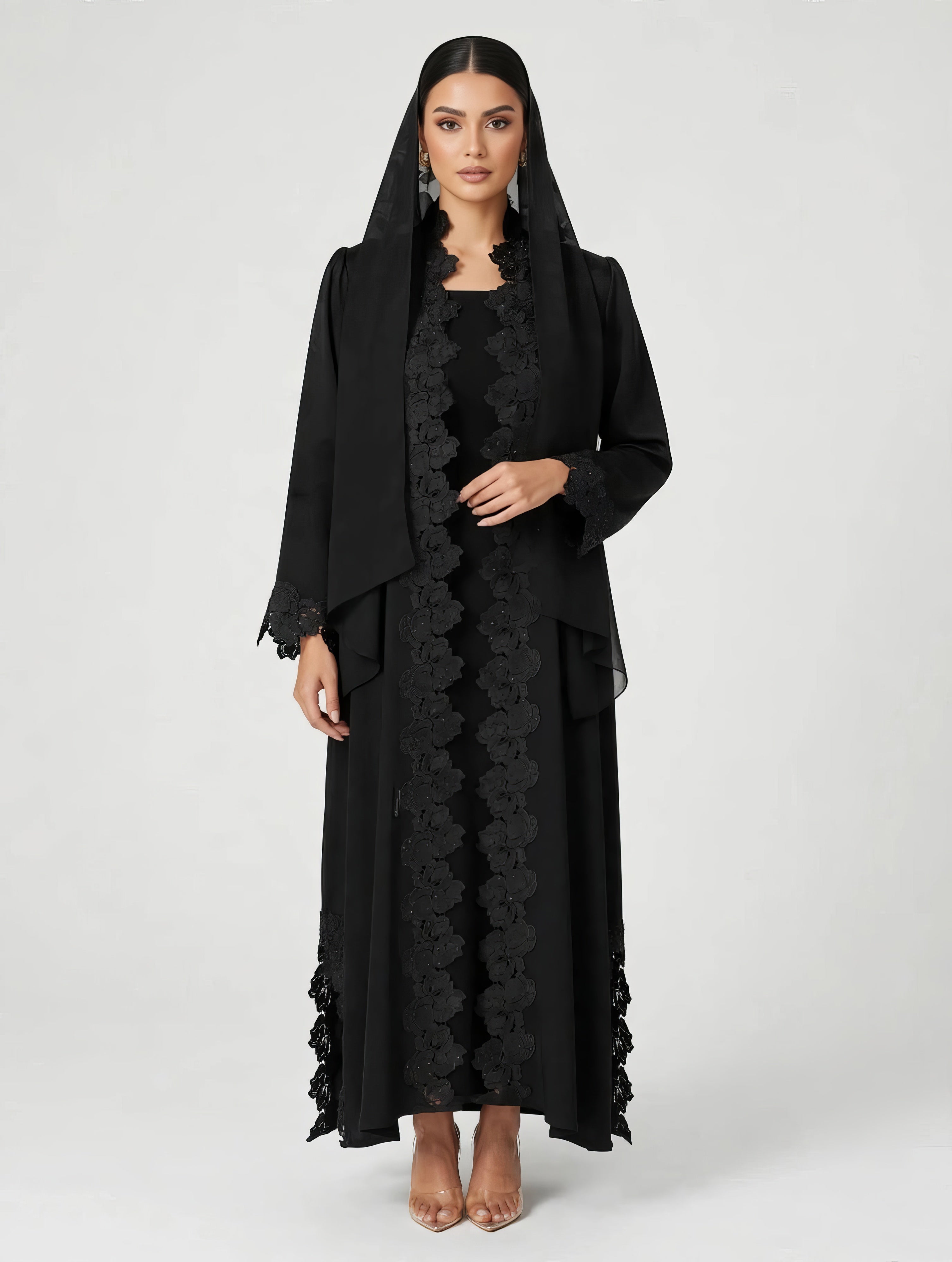C 2790 Black Crystal Lace Abaya