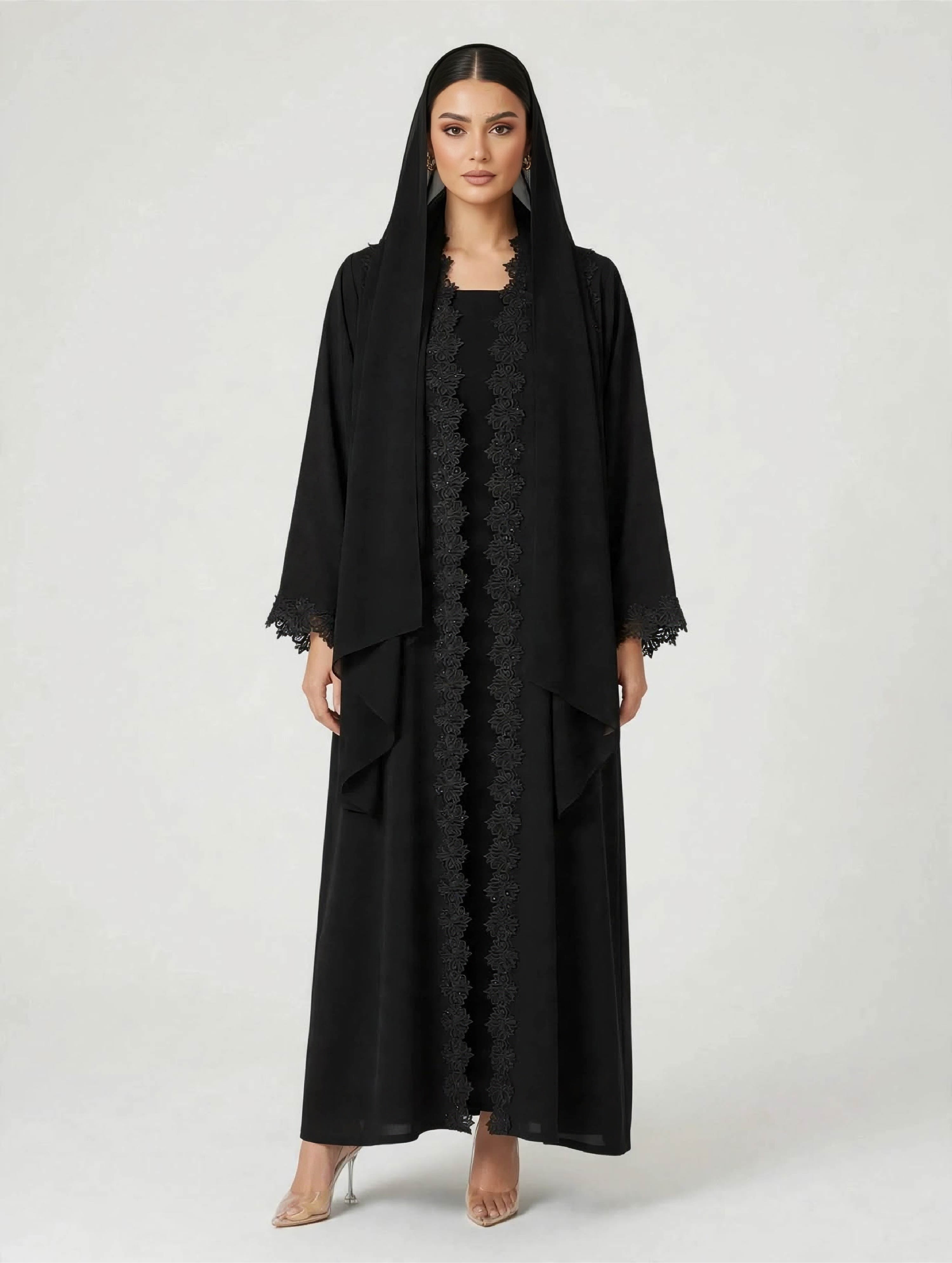 C 2792 Black Crystal Floral Lace Abaya