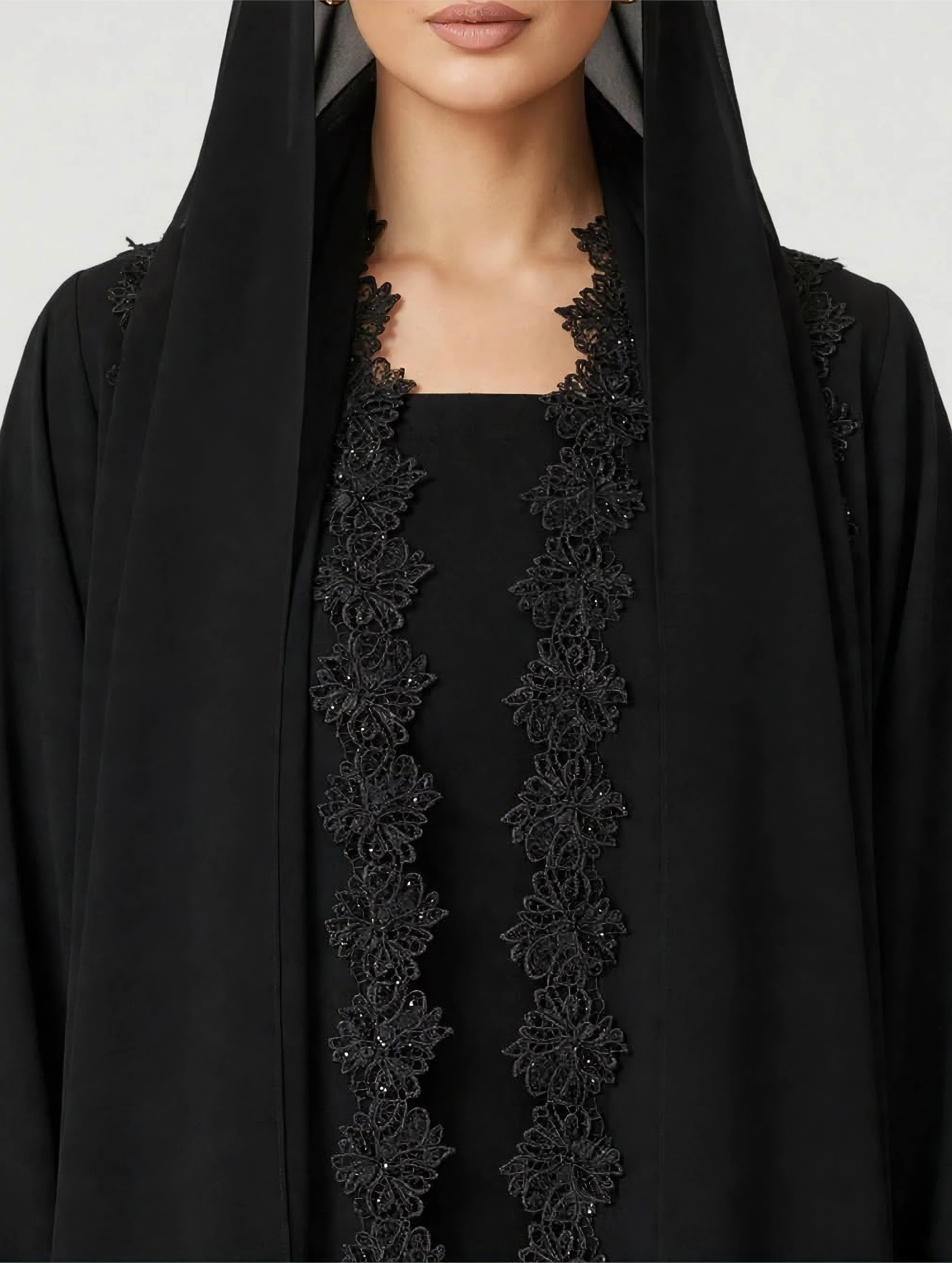 C 2792 Black Crystal Floral Lace Abaya