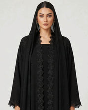 C 2792 Black Crystal Floral Lace Abaya