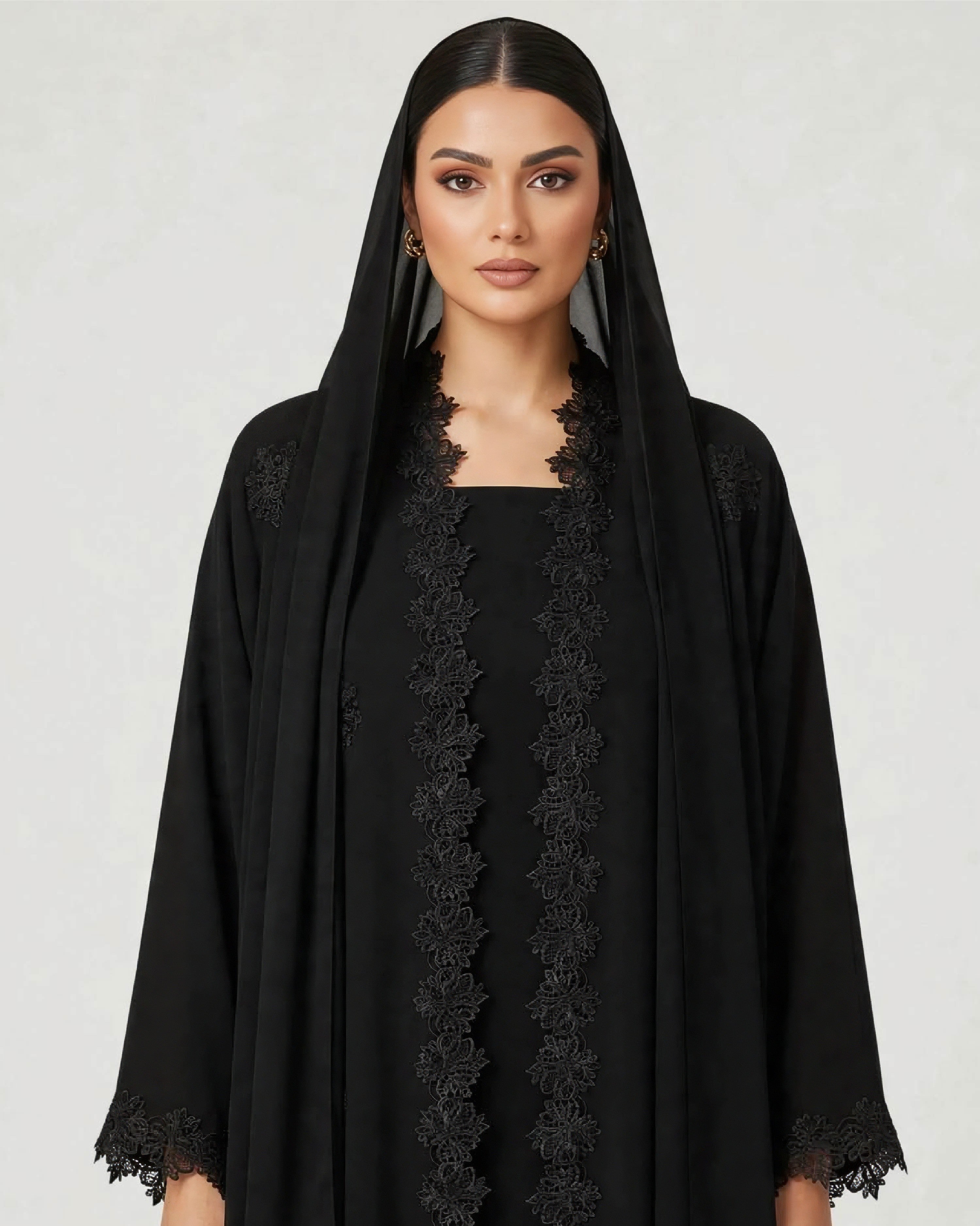 C 2792 Black Crystal Floral Lace Abaya
