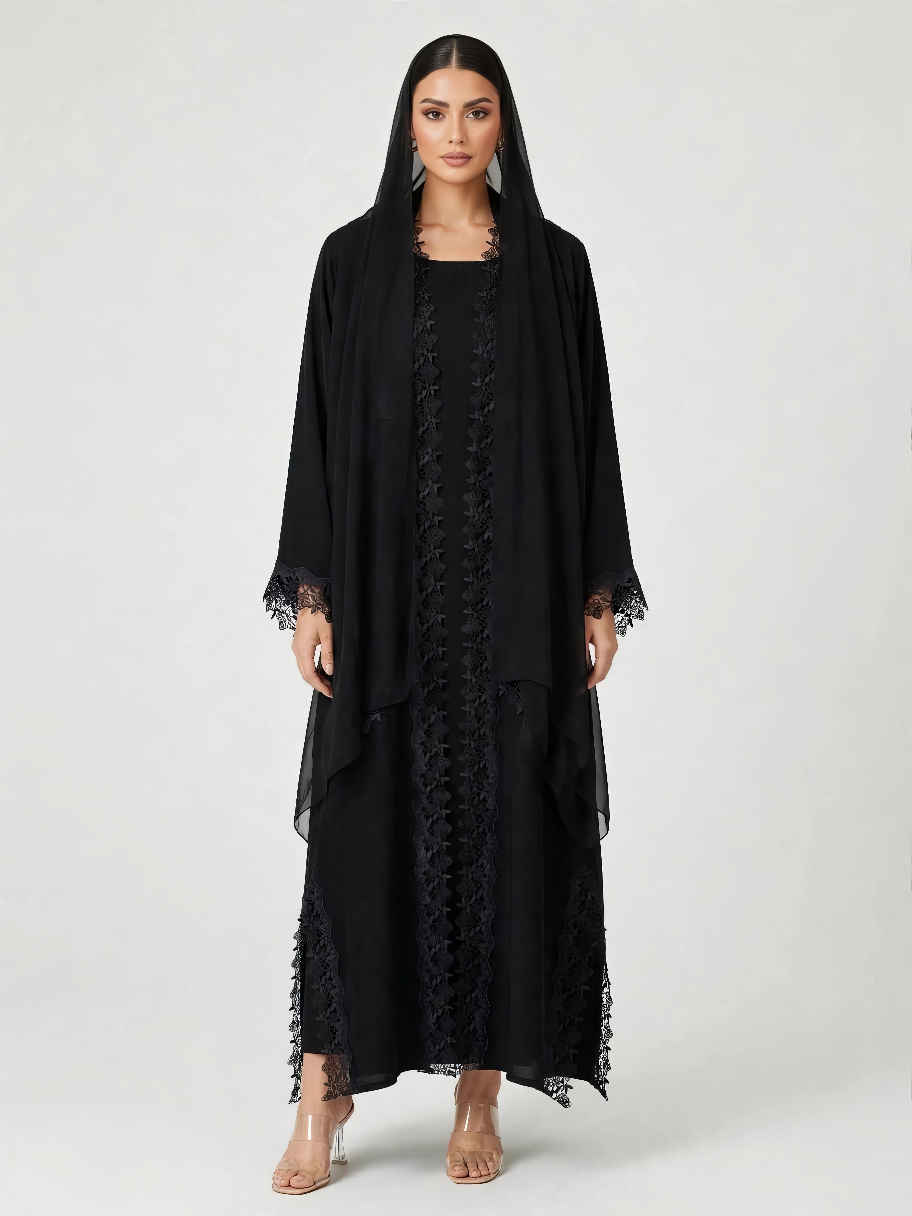 C 2794 Black Floral Lace Abaya