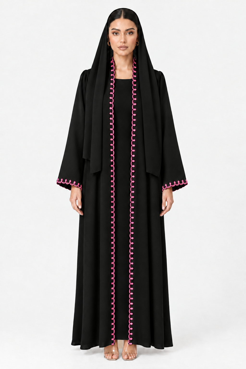 C 2800-02 Black Pink Embroidered Abaya