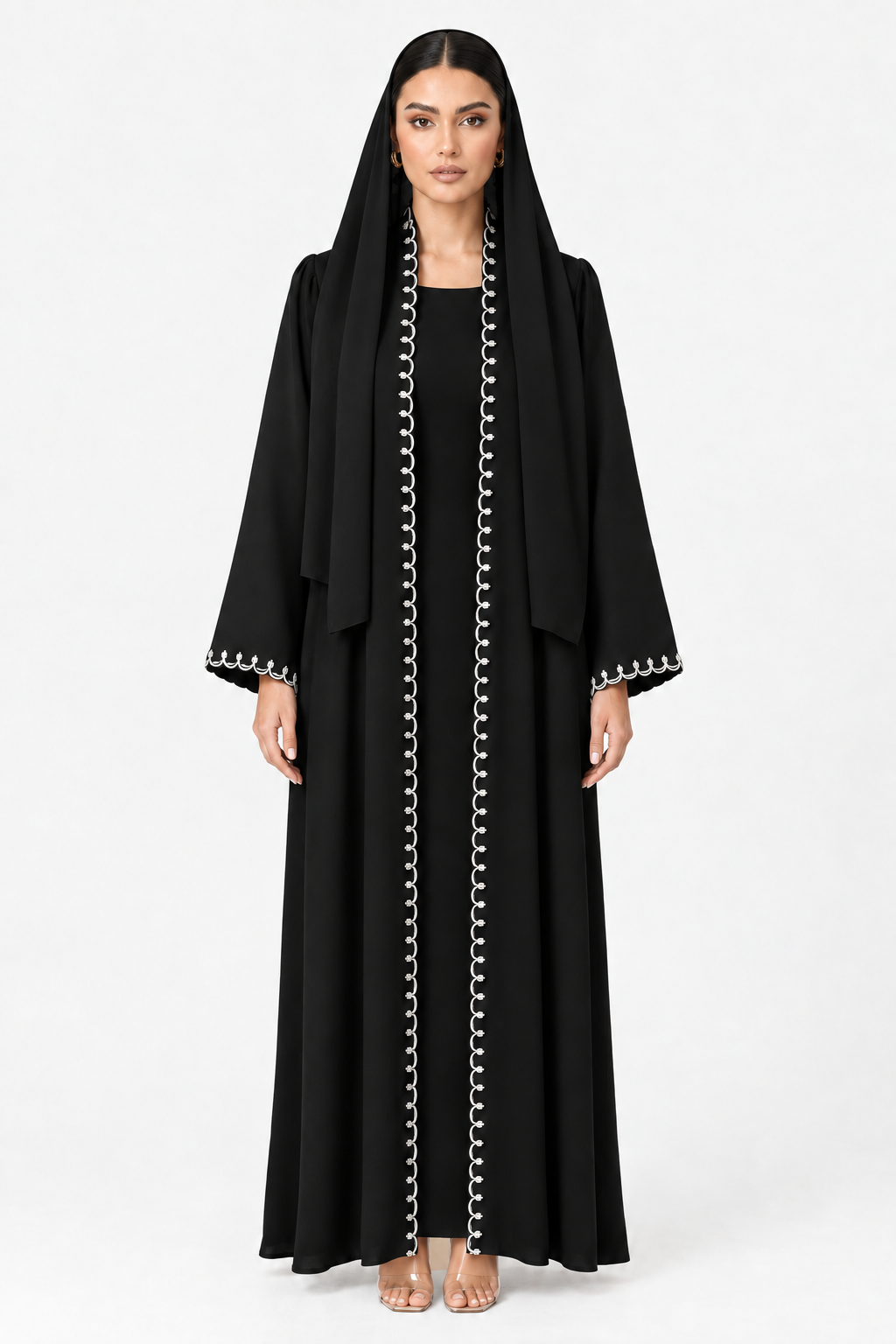 C 2800 Black White Embroidered Abaya