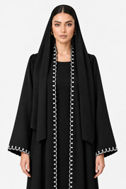 C 2800 Black White Embroidered Abaya