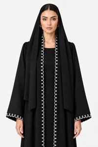 C 2800-01 Black White Embroidered Abaya - XS / 50