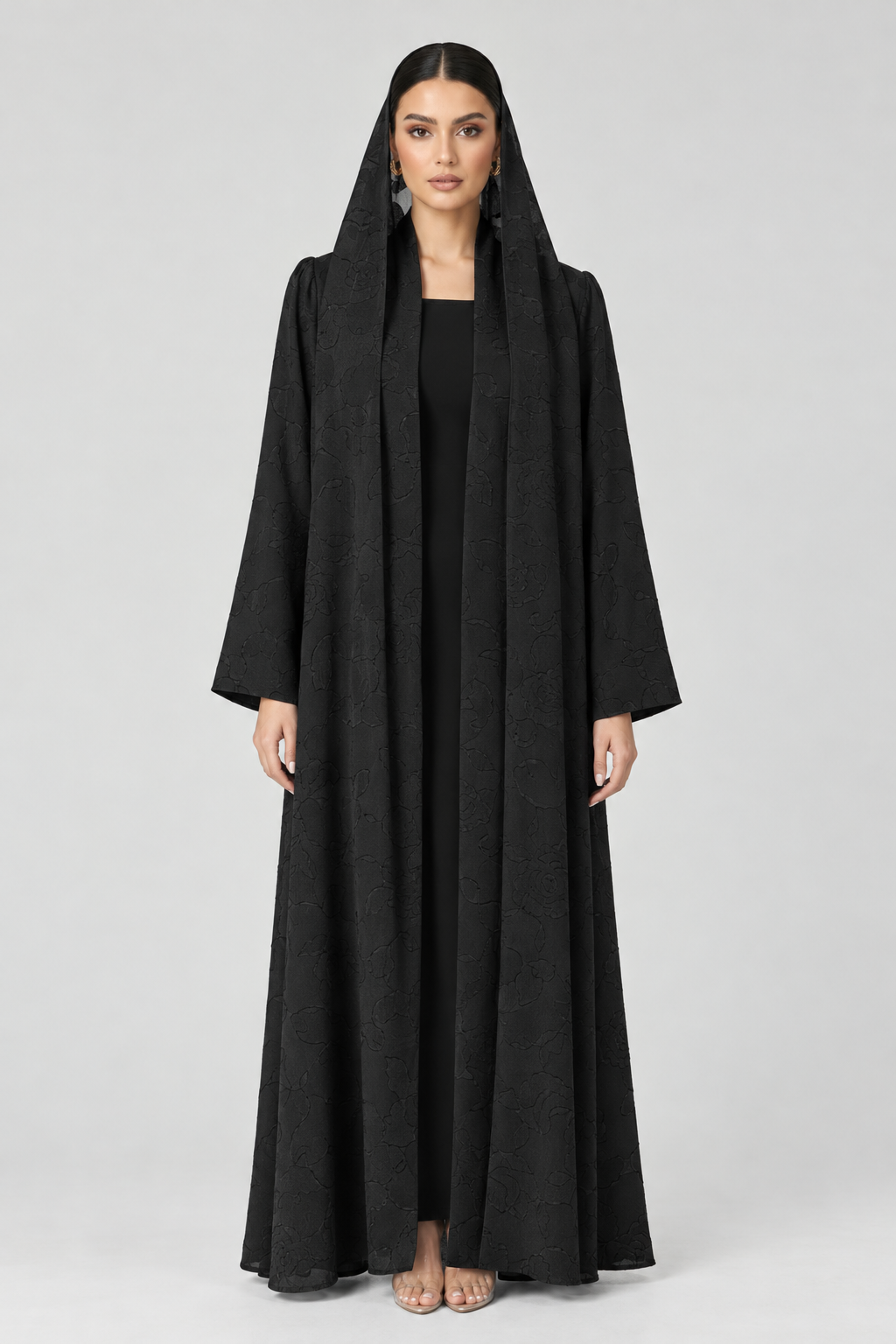 C 2802 Black Floral Print Abaya
