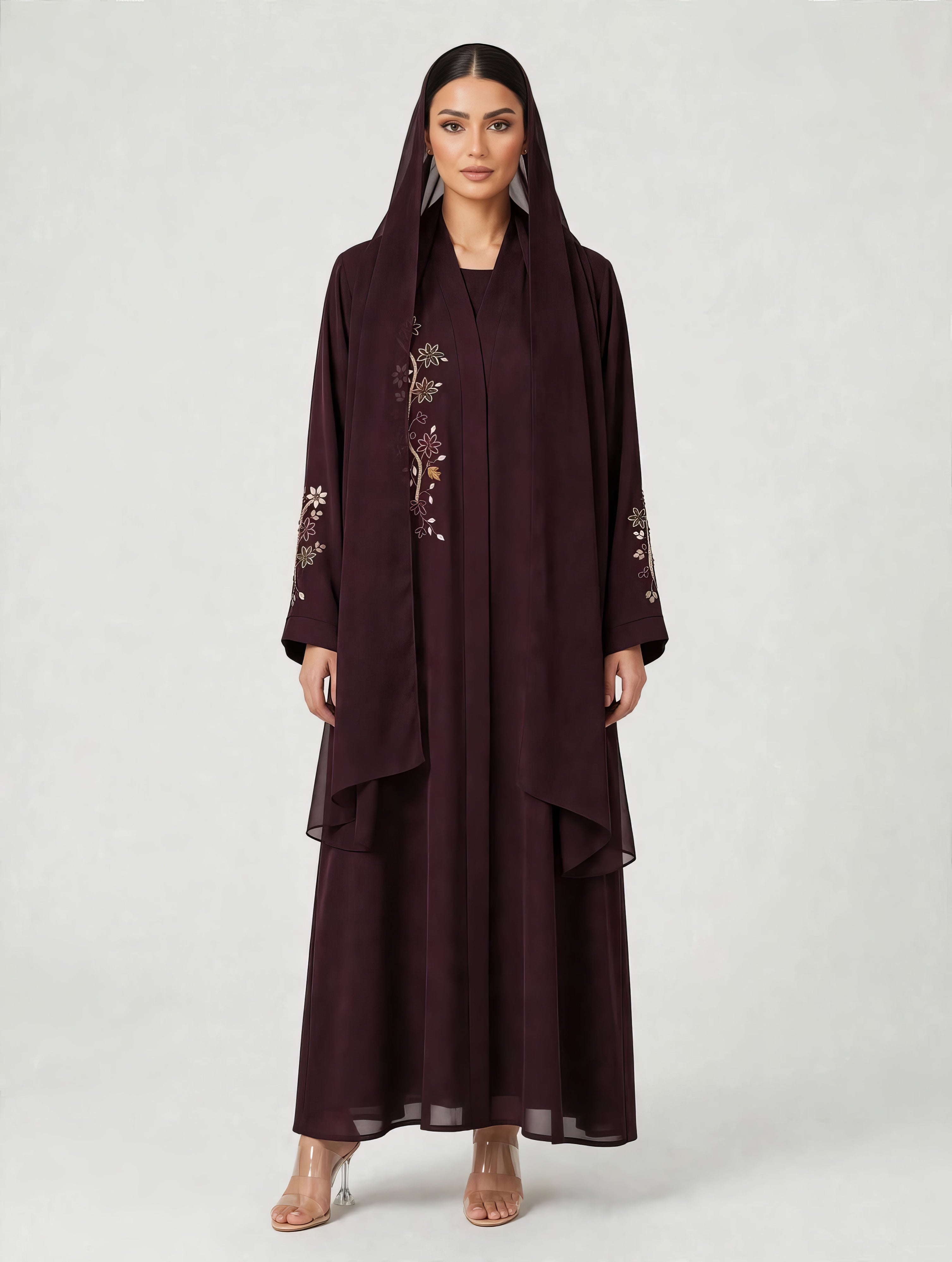 C 2803 Burgundy Blossom Branch Abaya