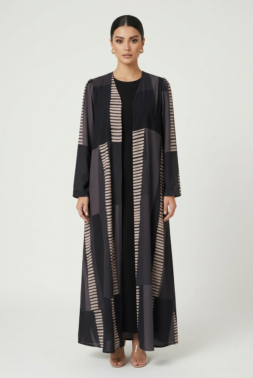 C 2819 Charcoal Beige Striped Printed Abaya