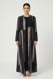 C 2819 Charcoal Beige Striped Printed Abaya