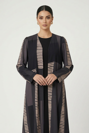 C 2819 Charcoal Beige Striped Printed Abaya