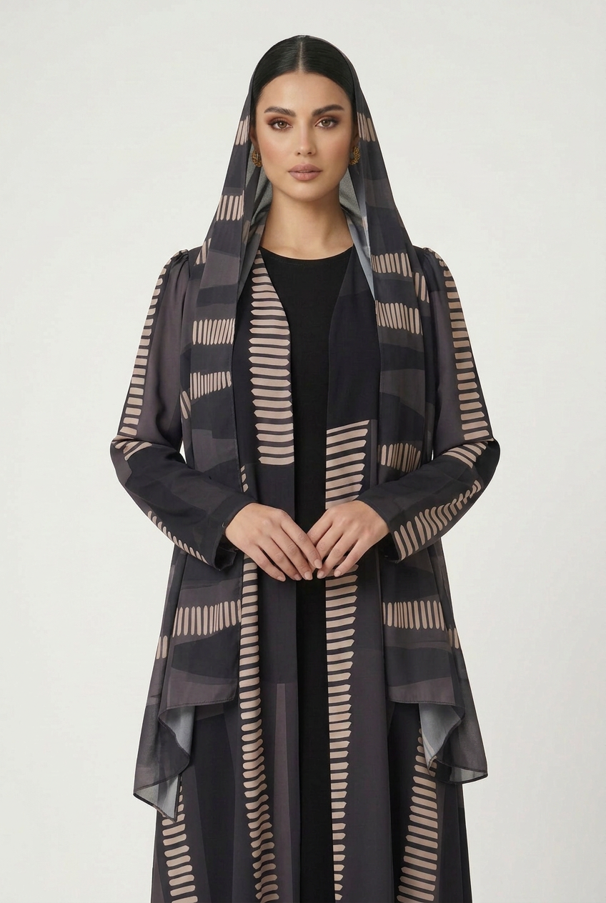 C 2819 Charcoal Beige Striped Printed Abaya
