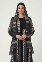 C 2819 Charcoal Beige Striped Printed Abaya