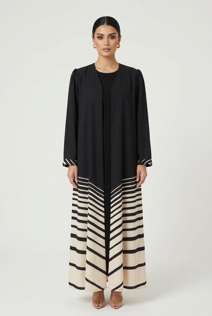 C 2821 Black White Striped Printed Abaya