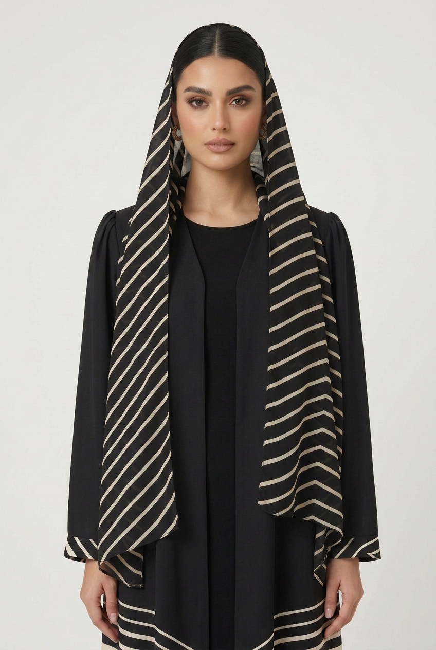C 2821 Black White Striped Printed Abaya