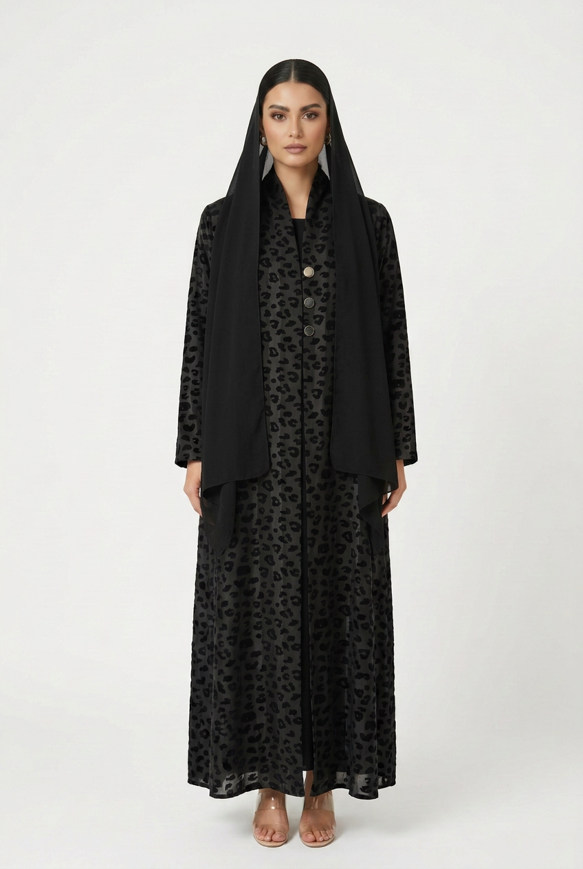 C 2827 Black Striped Leopard Print Abaya