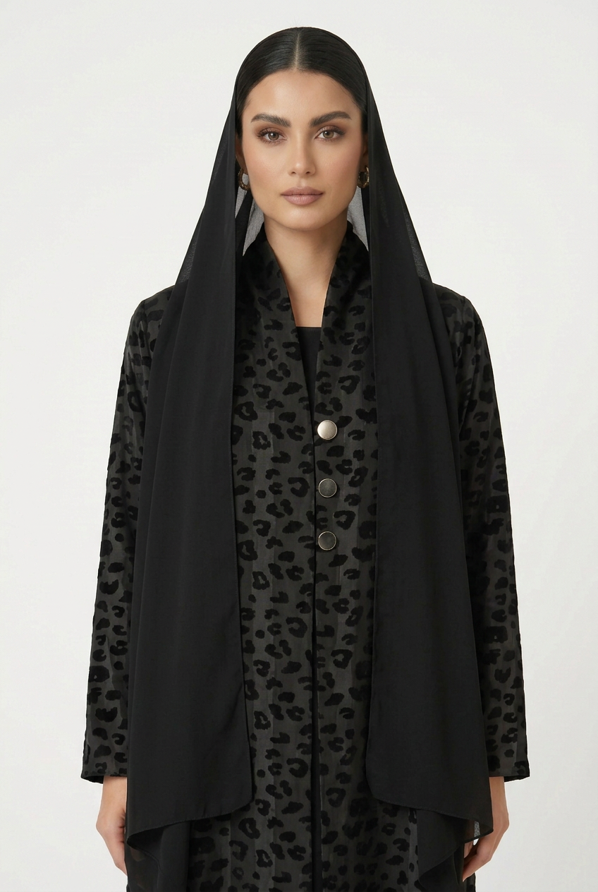 C 2827 Black Striped Leopard Print Abaya