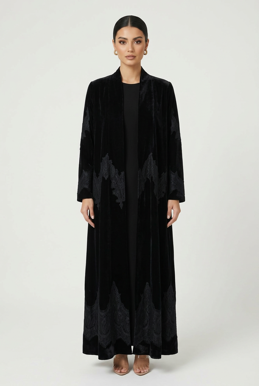C 2831-01 Black Velvet Dantel Abaya