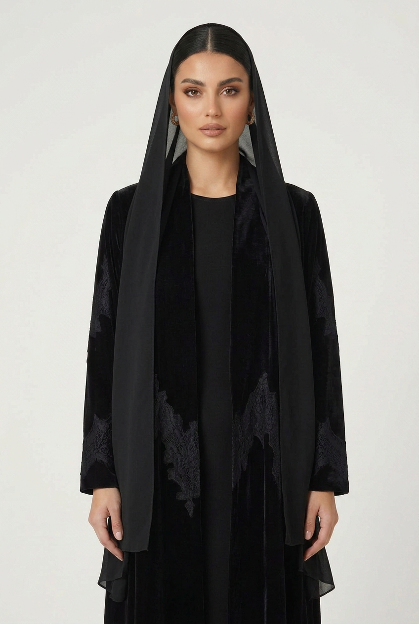 C 2831-01 Black Velvet Dantel Abaya