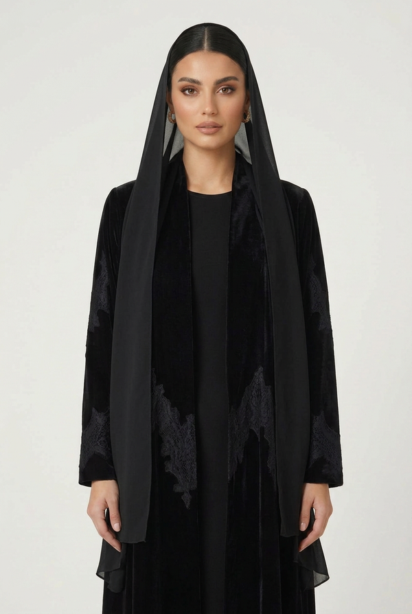 C 2831-01 Black Velvet Dantel Abaya
