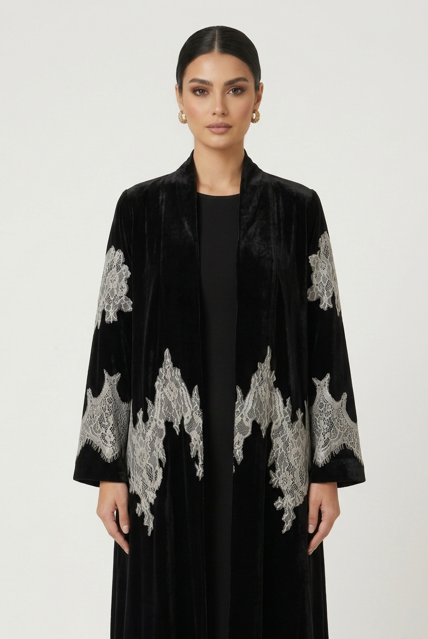 C 2831-02 Black White Velvet Dantel Abaya