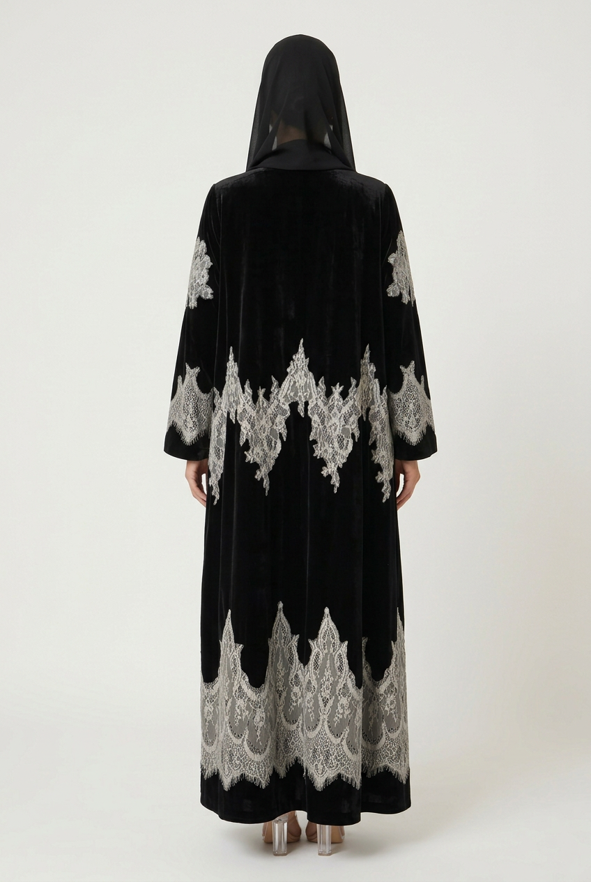 C 2831-02 Black White Velvet Dantel Abaya