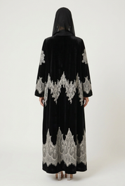 C 2831-02 Black White Velvet Dantel Abaya