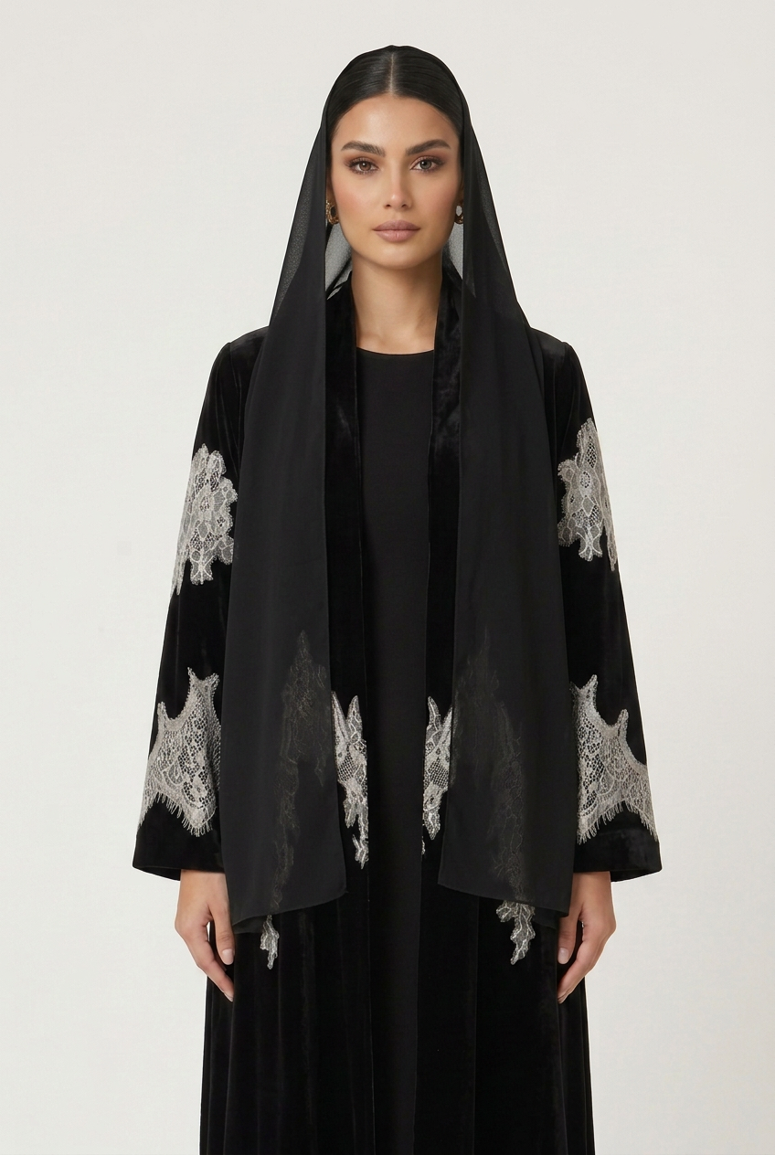 C 2831-02 Black White Velvet Dantel Abaya