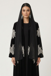 C 2831-02 Black White Velvet Dantel Abaya