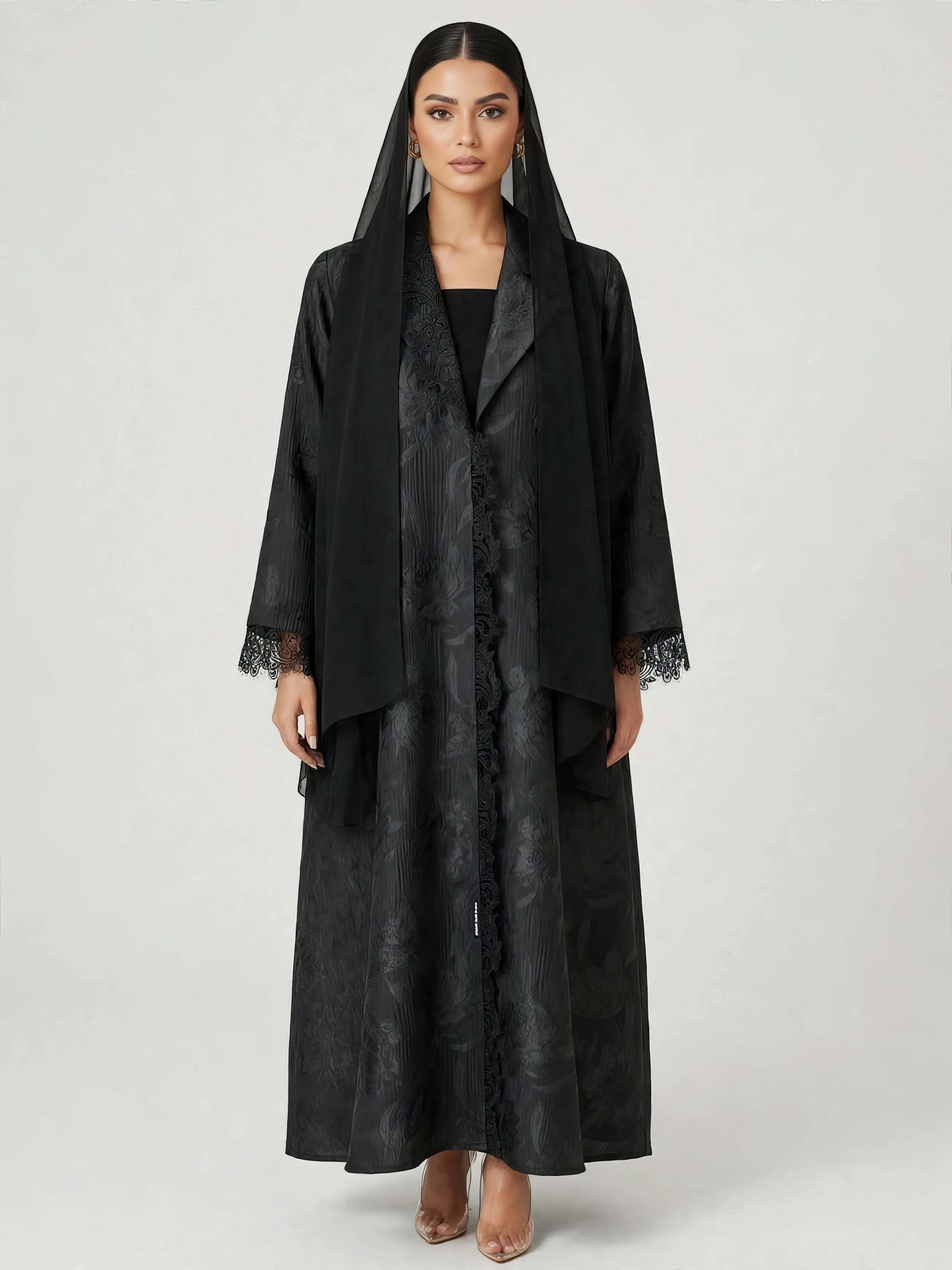 C 2835 Black Floral Lace Abaya