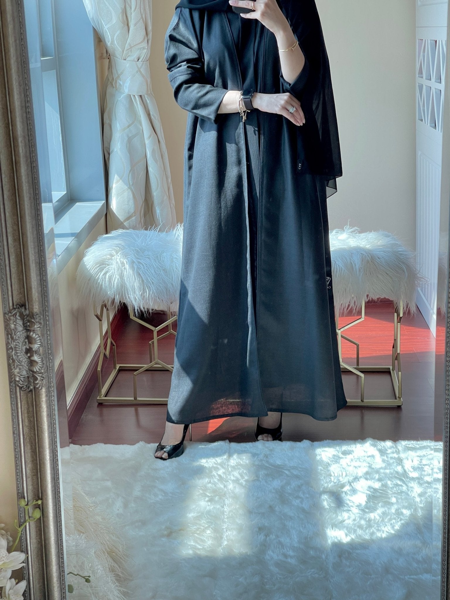 C - Basic - Black - Linen - Abaya - Set