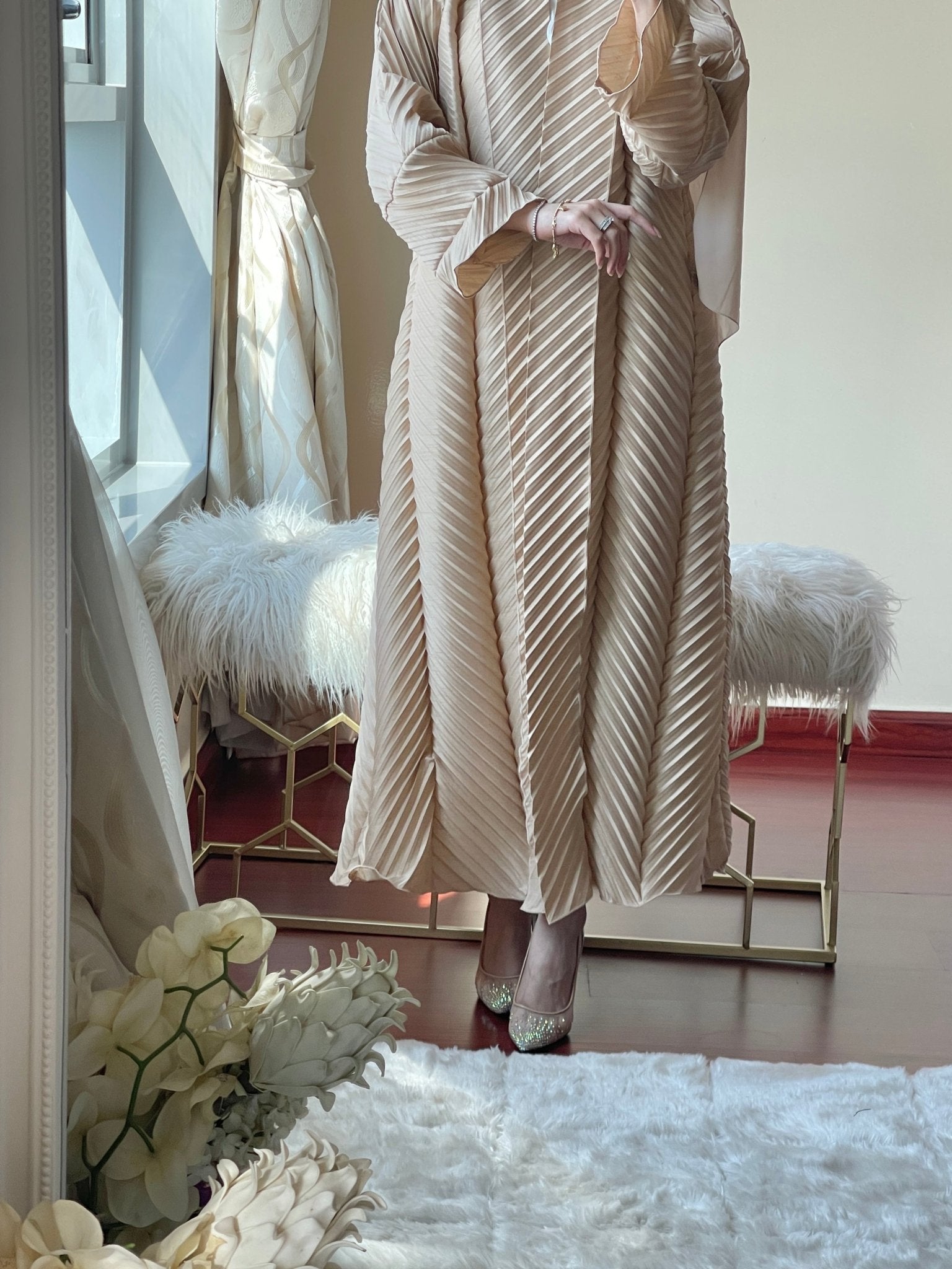 C - Beige - Pleated - Abaya - Set - 57