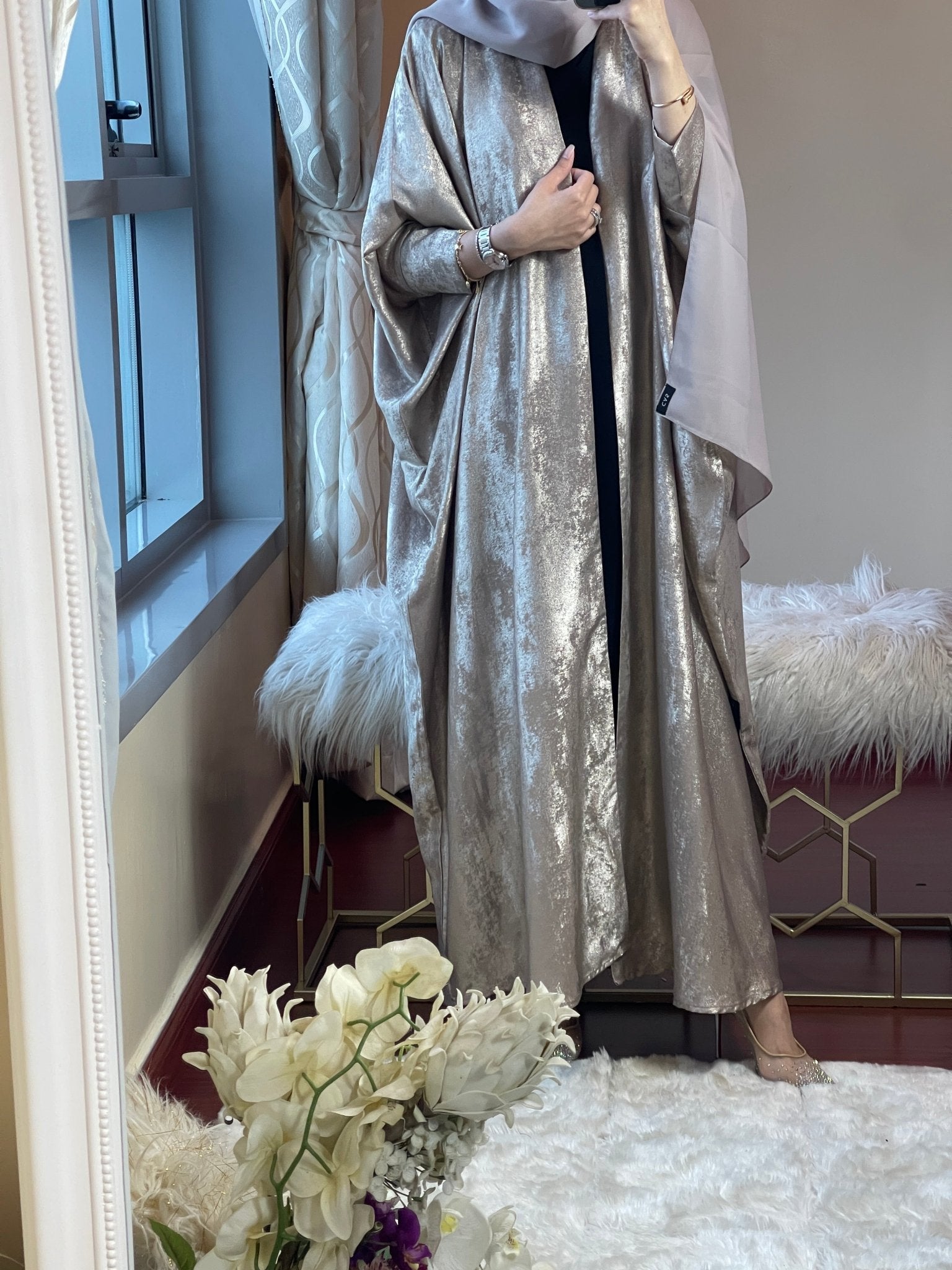 C - Beige - Shimmer - Bisht - Abaya