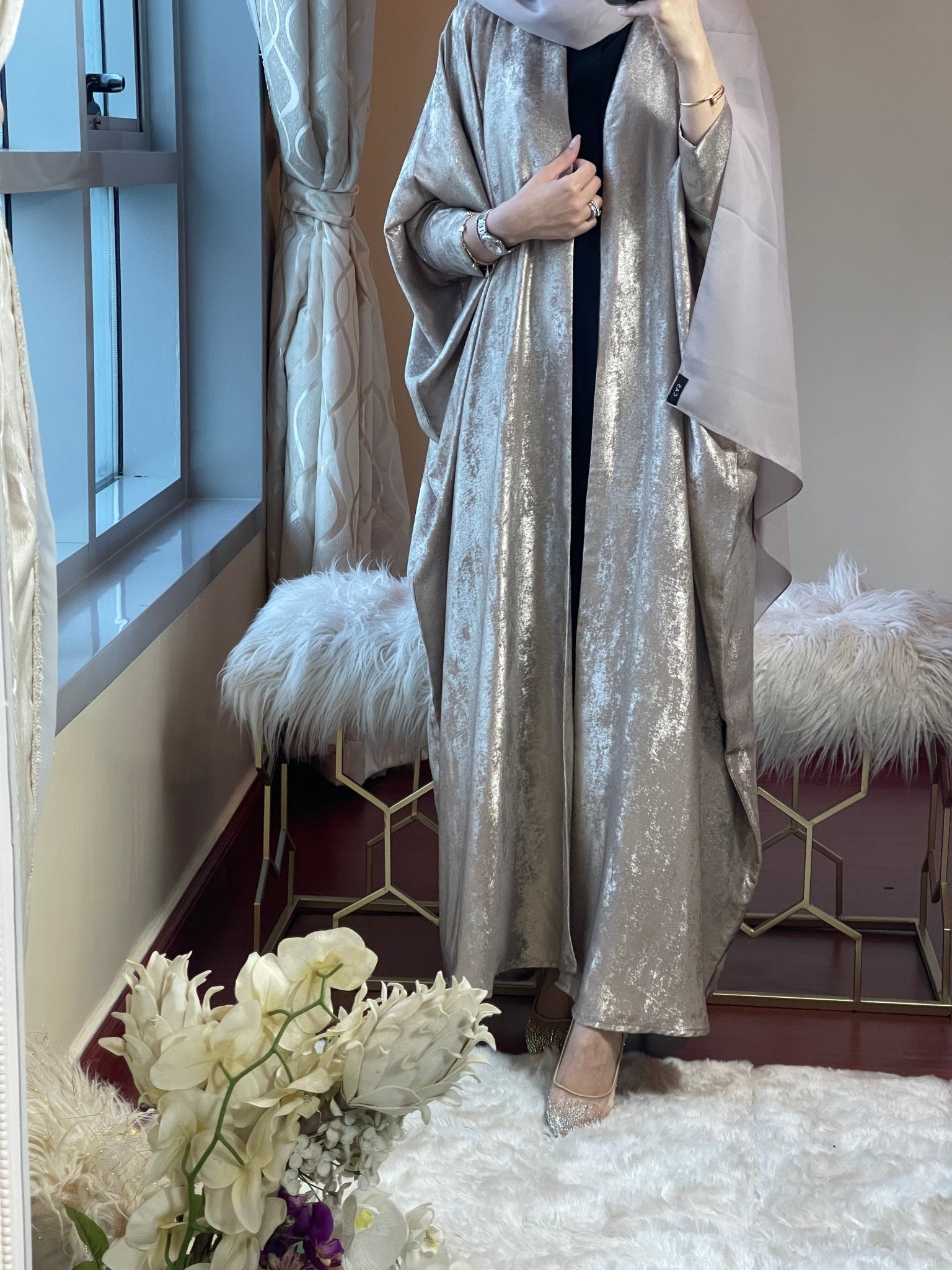 C - Beige - Shimmer - Bisht - Abaya