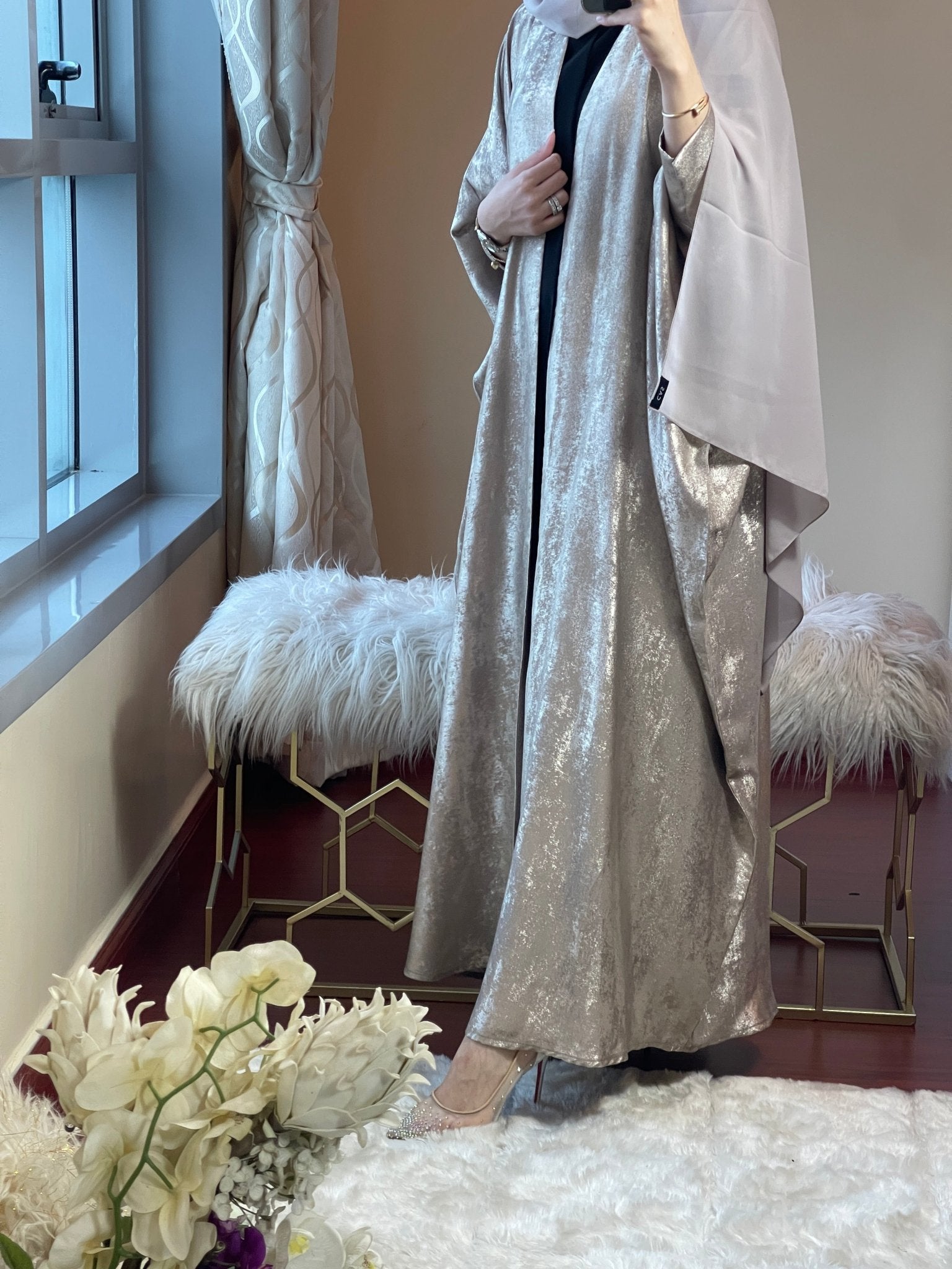 C - Beige - Shimmer - Bisht - Abaya