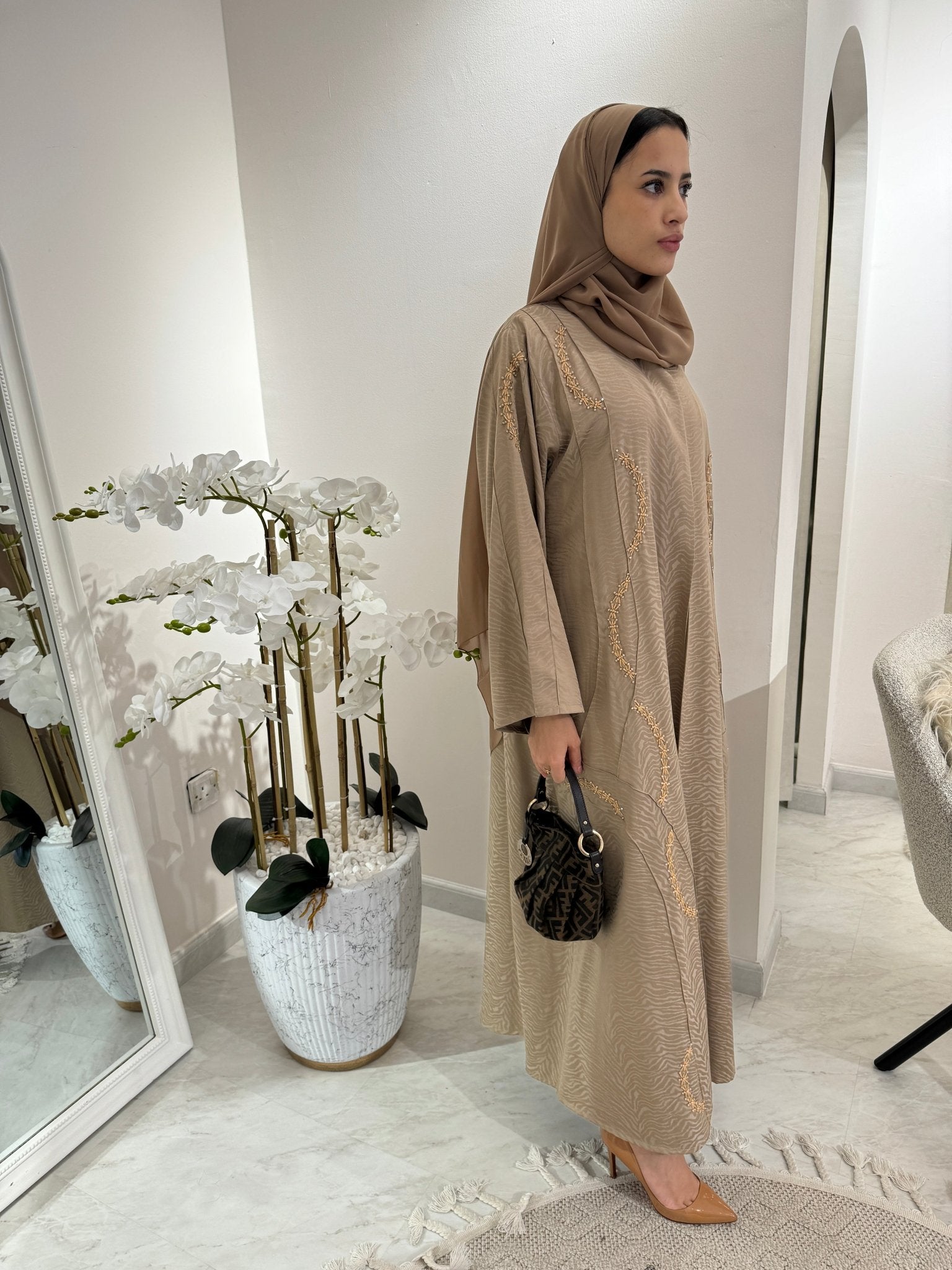 C Beige Turkish Cupro Eid Abaya