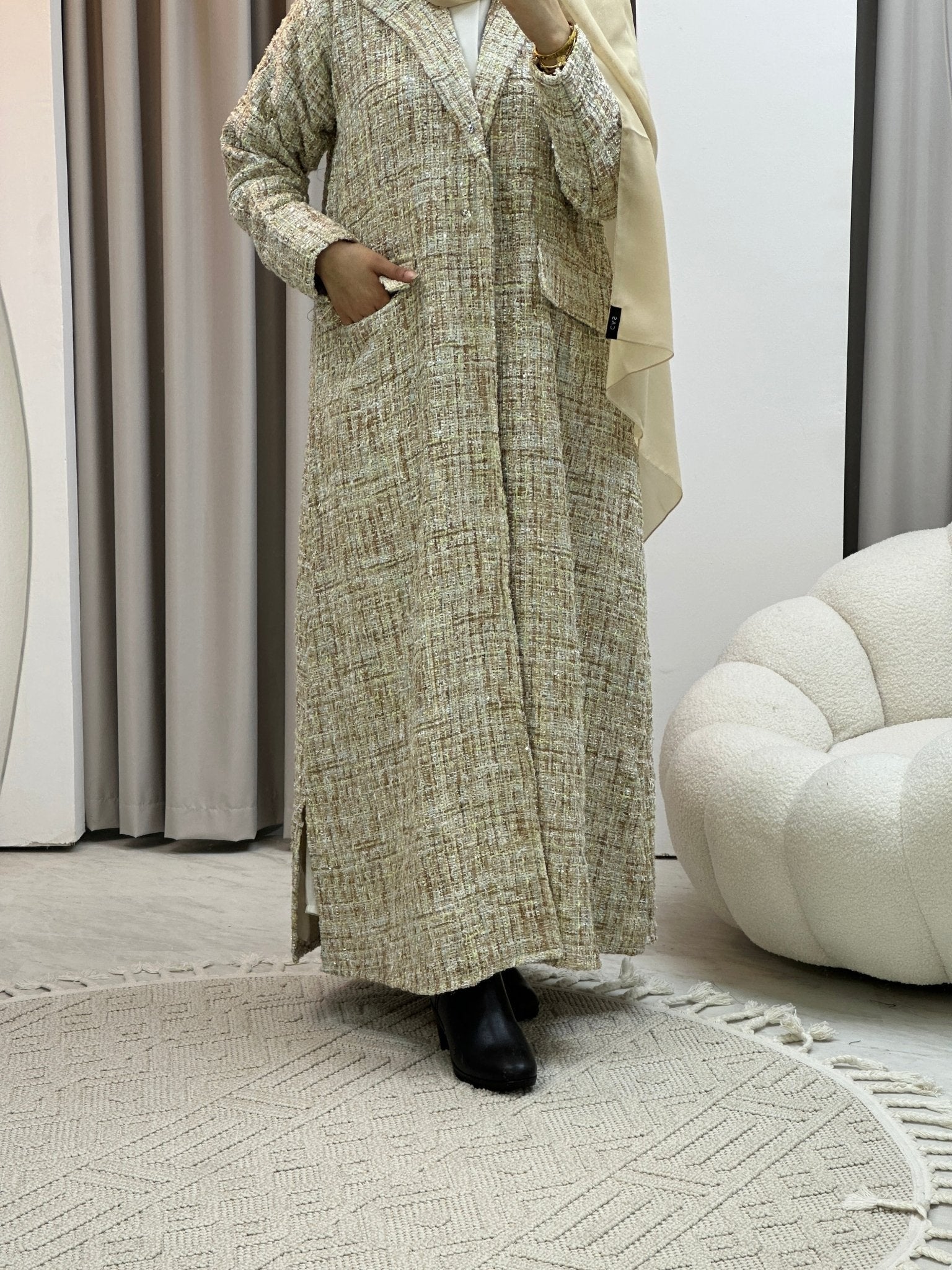 C Beige Tweed Winter Abaya