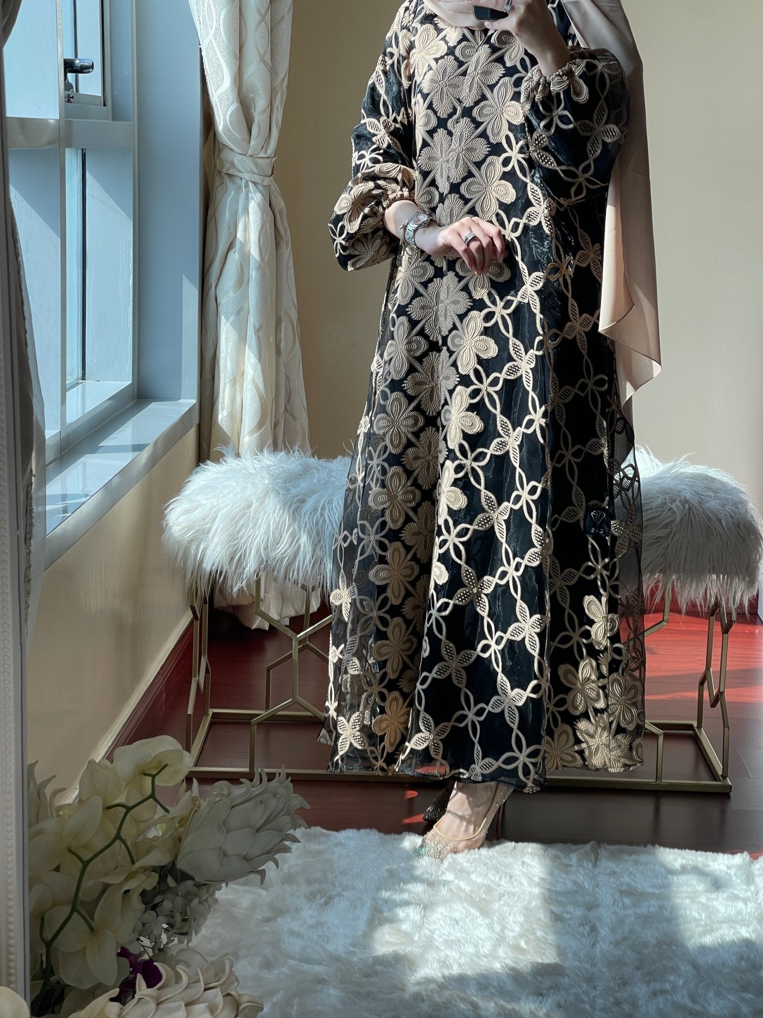 C - Black - Beige - Evening - Abaya - Set - 50