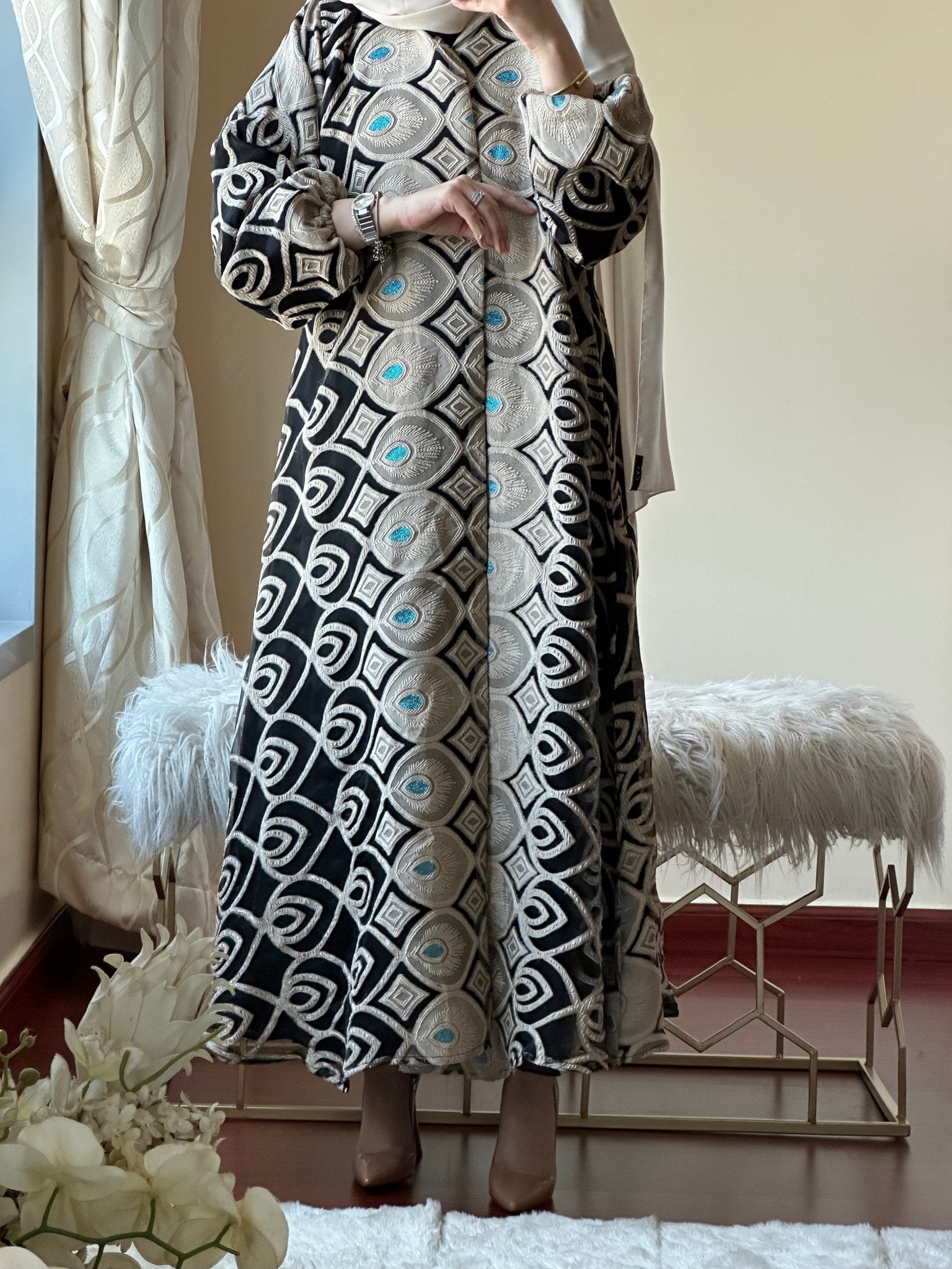 C - Black - Beige - Turquoise - Evening - Abaya - Set