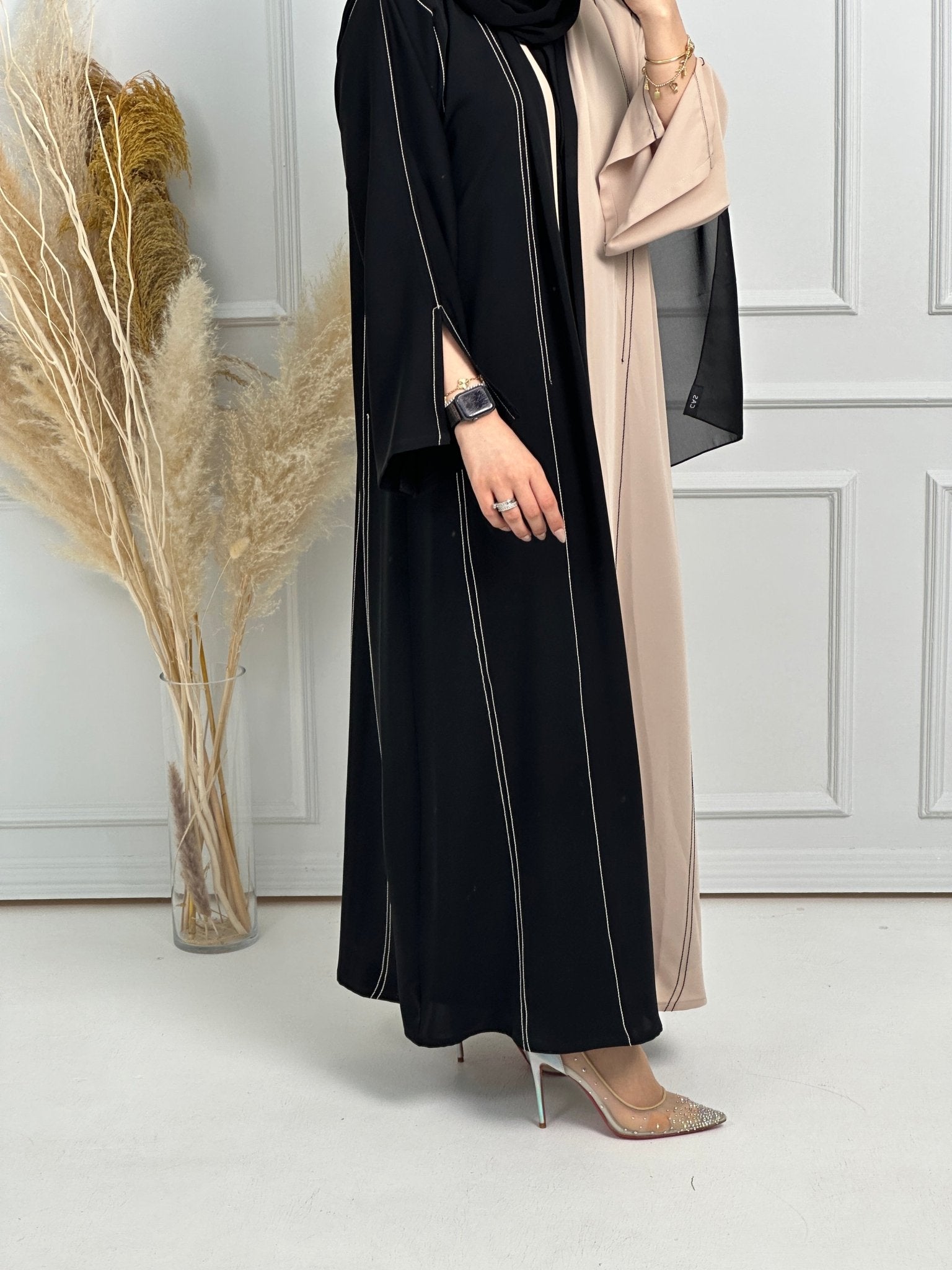 C - Black - Beige - Work - Abaya - Set - 168