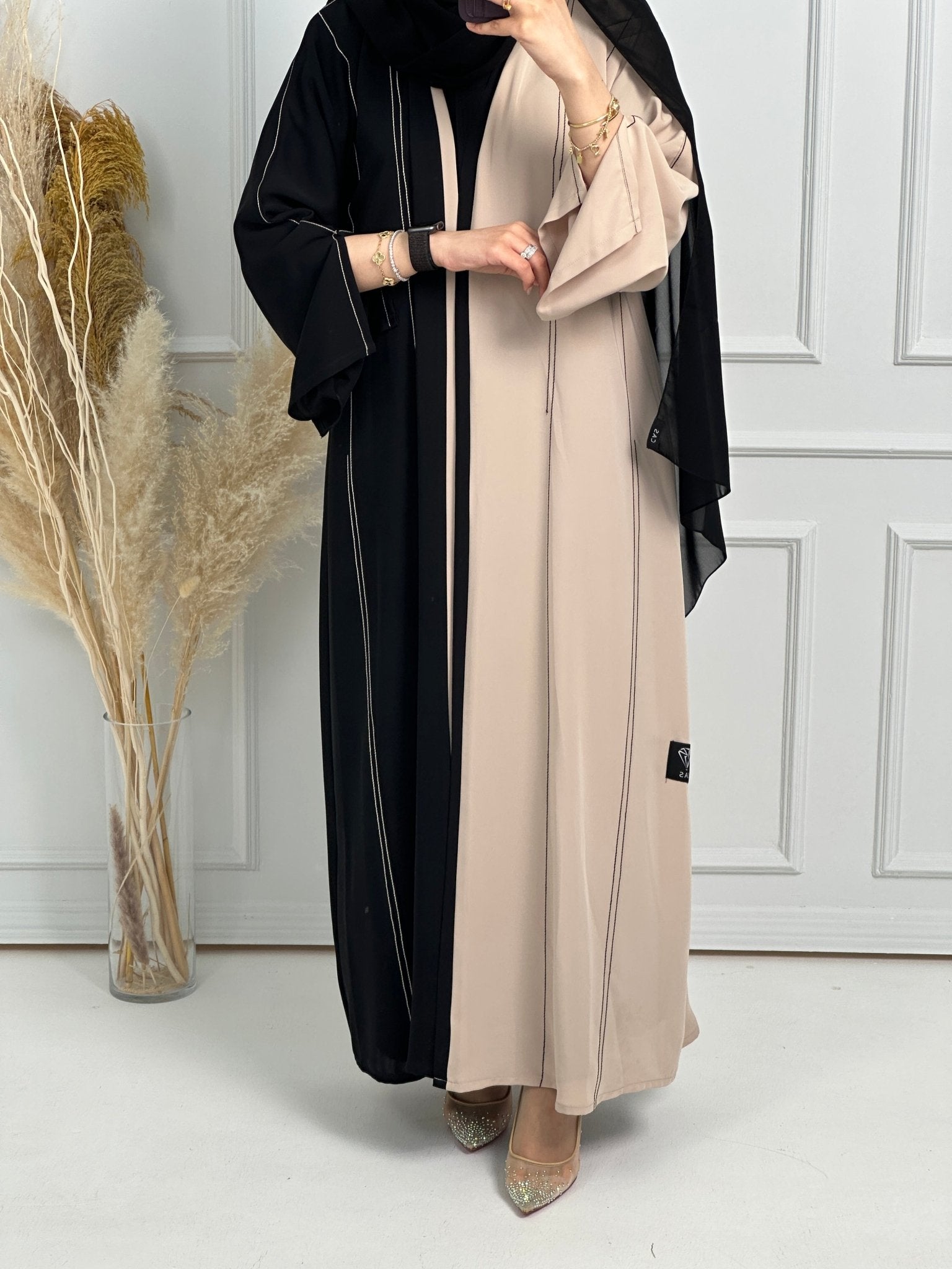 C - Black - Beige - Work - Abaya - Set - 168