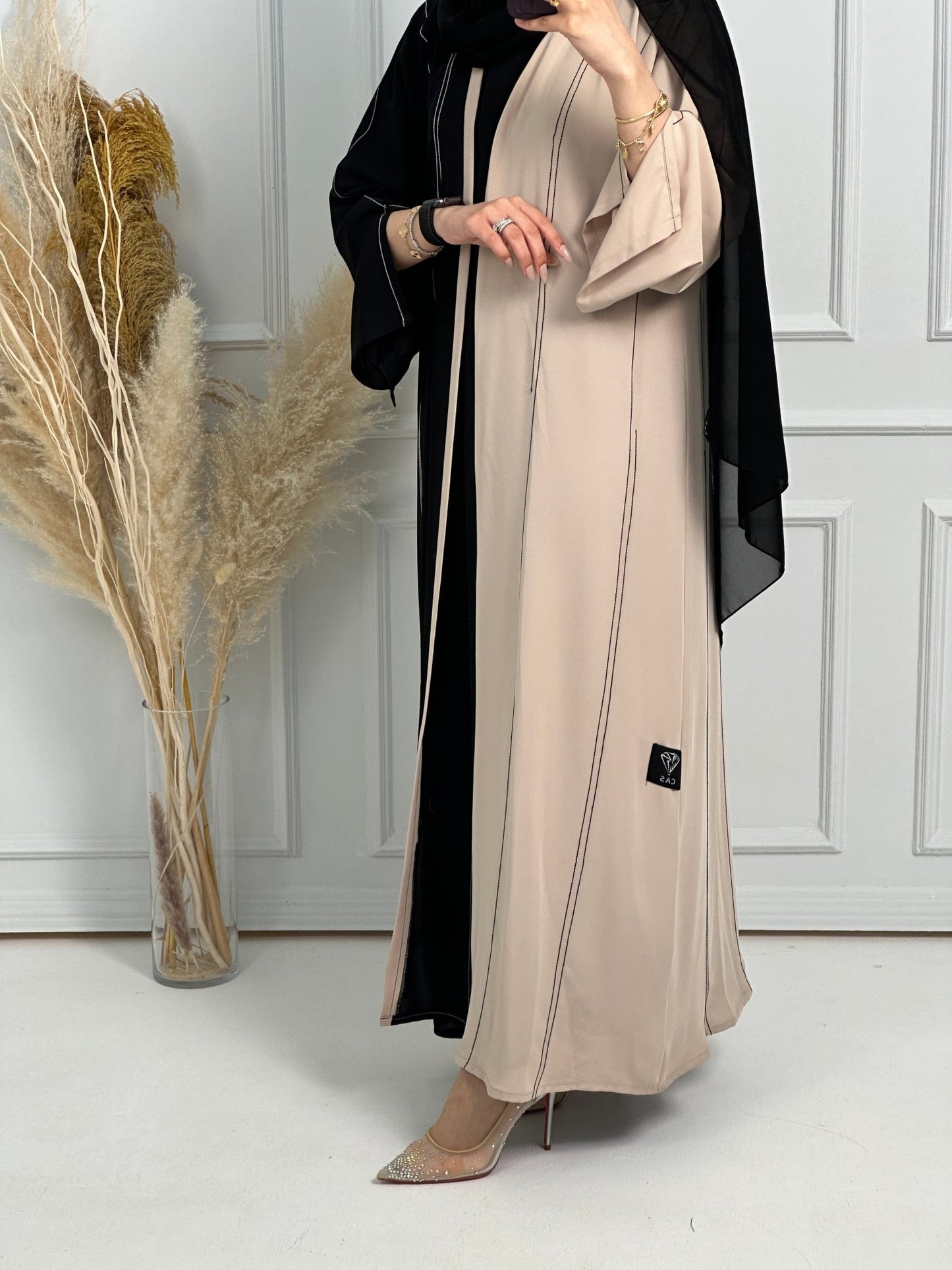 C - Black - Beige - Work - Abaya - Set - 168