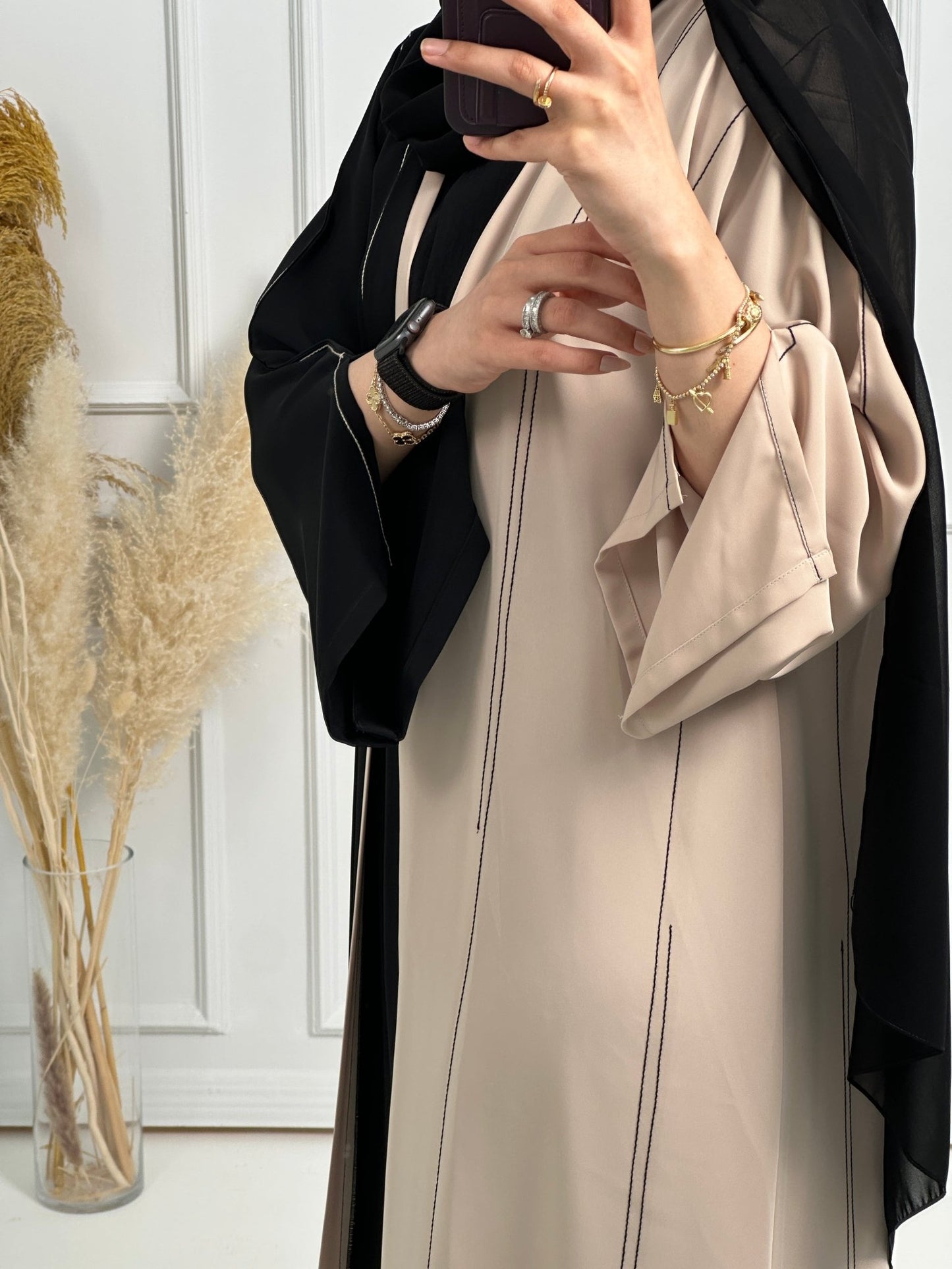 C - Black - Beige - Work - Abaya - Set - 168